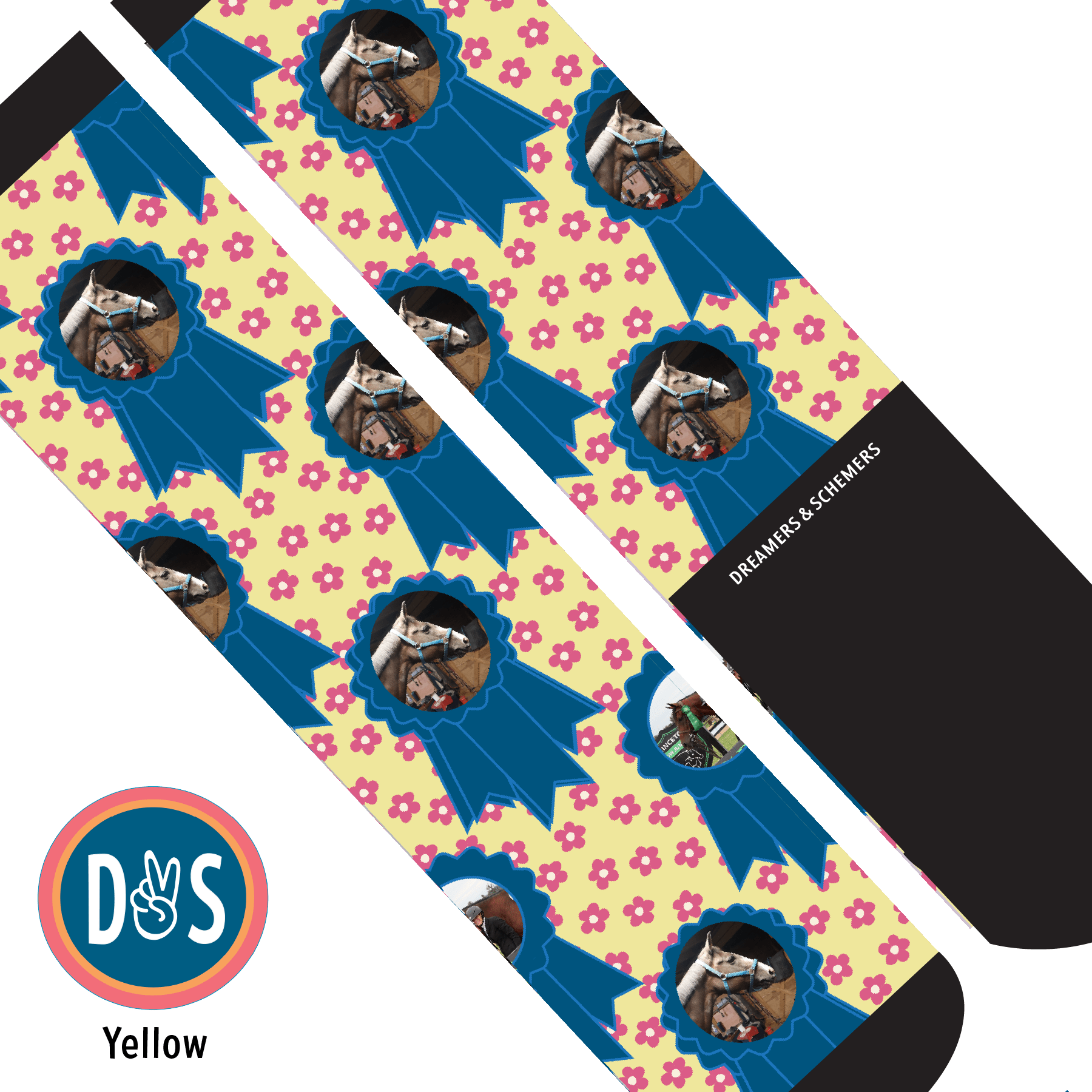 Custom AL Custom Socks Adult / Yellow Custom Blue Ribbon with Pinky Petals Socks 1 Photo equestrian boot socks boot socks thin socks riding socks pattern socks tall socks funny socks knee high socks horse socks horse show socks