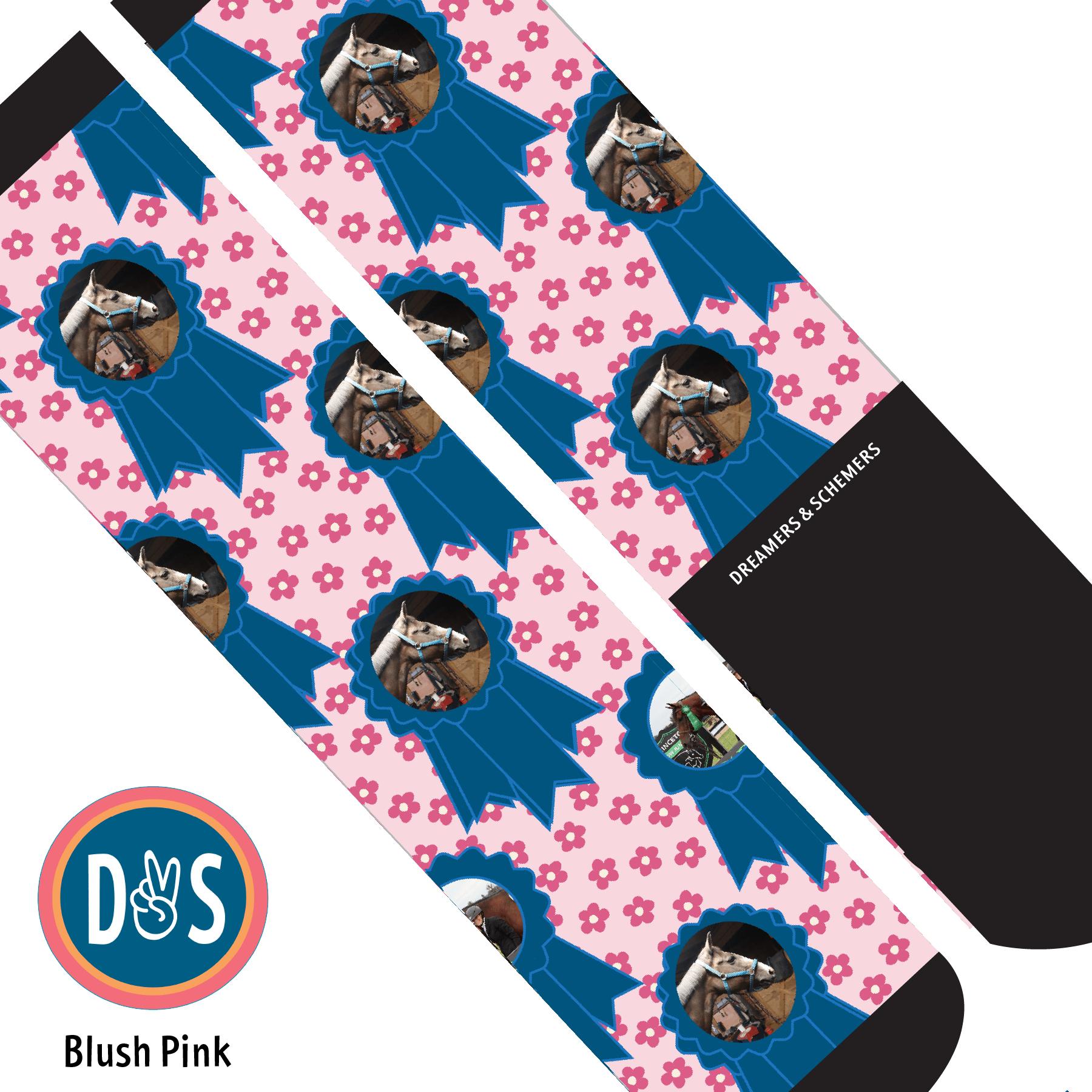 Custom AL Custom Socks Adult / Blush Pink Custom Blue Ribbon with Pinky Petals Socks 1 Photo equestrian boot socks boot socks thin socks riding socks pattern socks tall socks funny socks knee high socks horse socks horse show socks