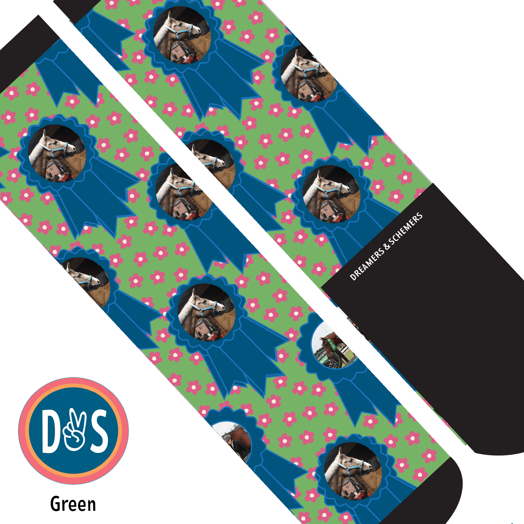 Custom AL Custom Socks Adult / Green Custom Blue Ribbon with Pinky Petals Socks 1 Photo equestrian boot socks boot socks thin socks riding socks pattern socks tall socks funny socks knee high socks horse socks horse show socks