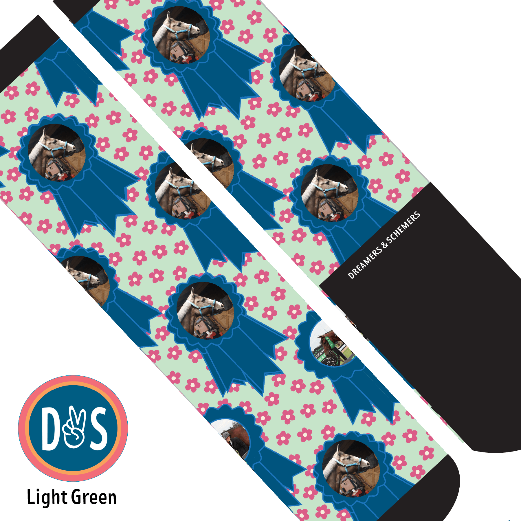 Custom AL Custom Socks Adult / Light Green Custom Blue Ribbon with Pinky Petals Socks 1 Photo equestrian boot socks boot socks thin socks riding socks pattern socks tall socks funny socks knee high socks horse socks horse show socks
