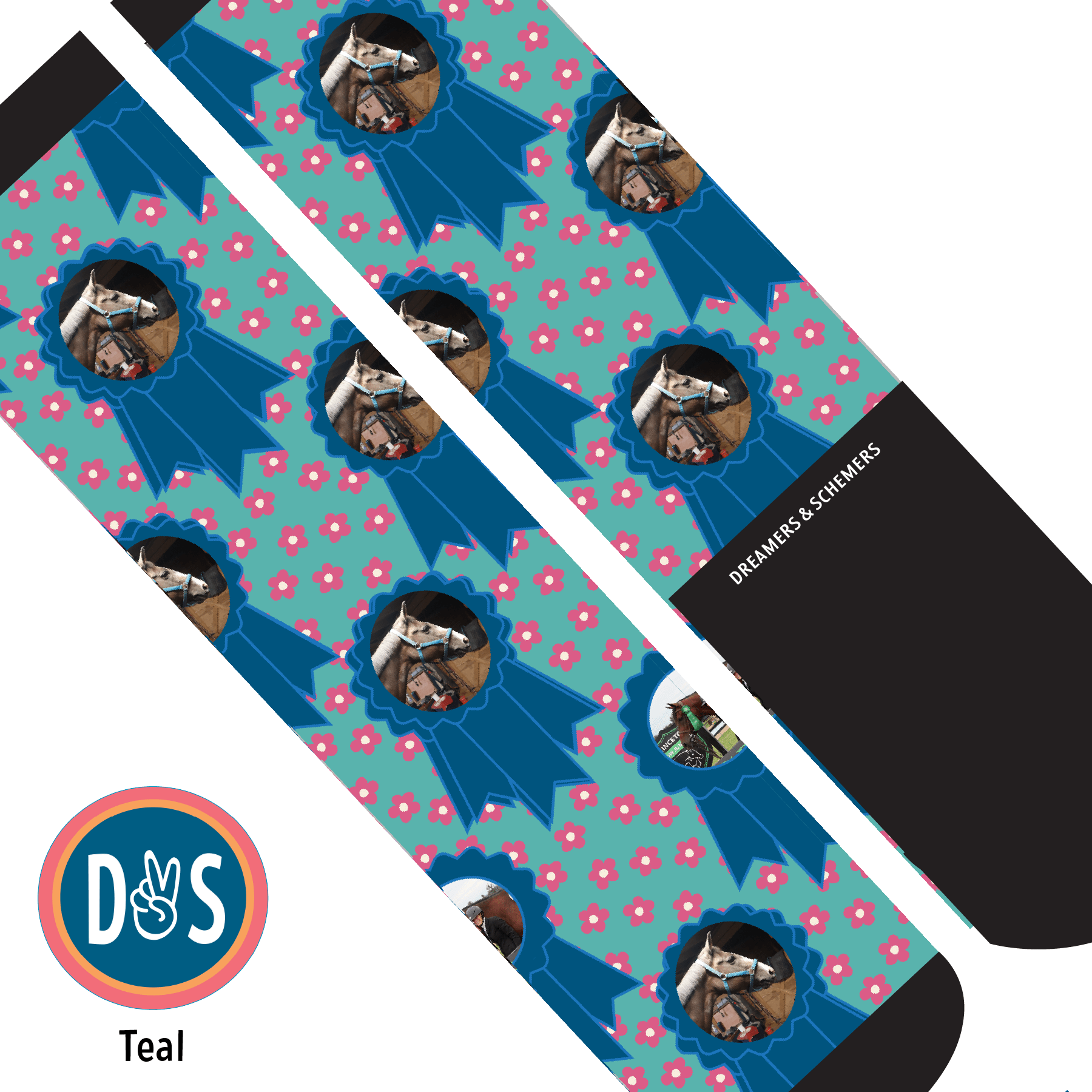 Custom AL Custom Socks Adult / Teal Custom Blue Ribbon with Pinky Petals Socks 1 Photo equestrian boot socks boot socks thin socks riding socks pattern socks tall socks funny socks knee high socks horse socks horse show socks