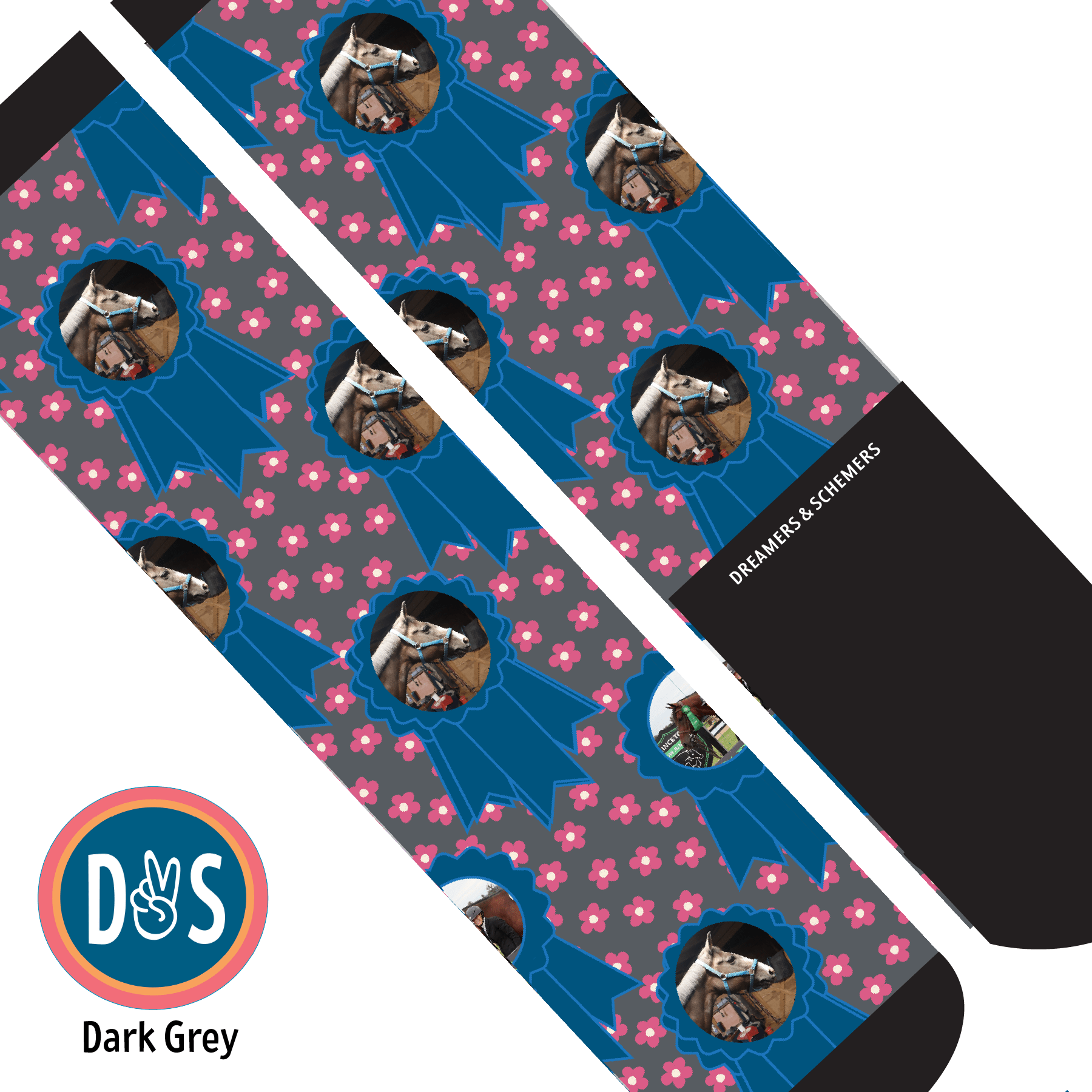 Custom AL Custom Socks Adult / Dark Grey Custom Blue Ribbon with Pinky Petals Socks 1 Photo equestrian boot socks boot socks thin socks riding socks pattern socks tall socks funny socks knee high socks horse socks horse show socks