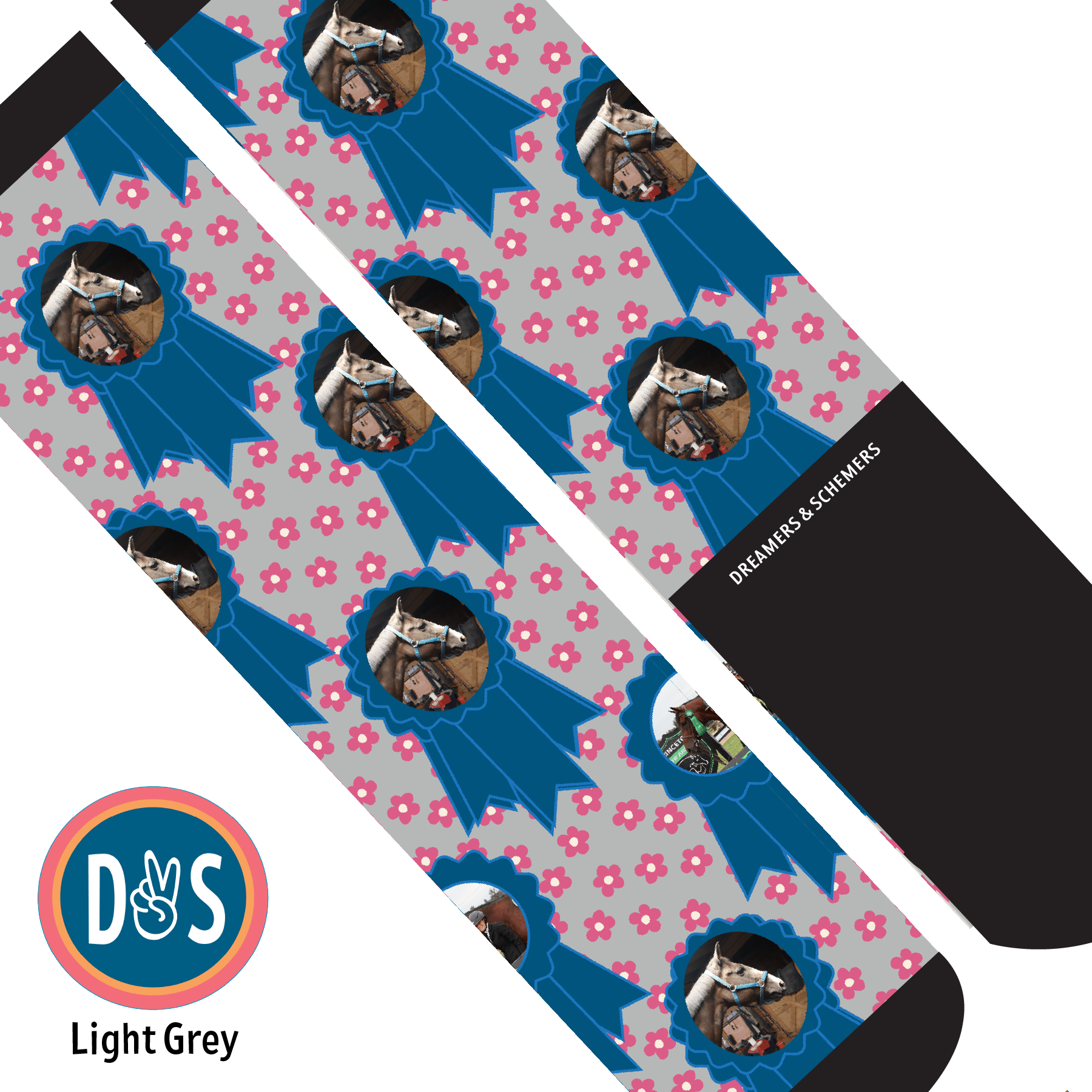 Custom AL Custom Socks Adult / Light Grey Custom Blue Ribbon with Pinky Petals Socks 1 Photo equestrian boot socks boot socks thin socks riding socks pattern socks tall socks funny socks knee high socks horse socks horse show socks