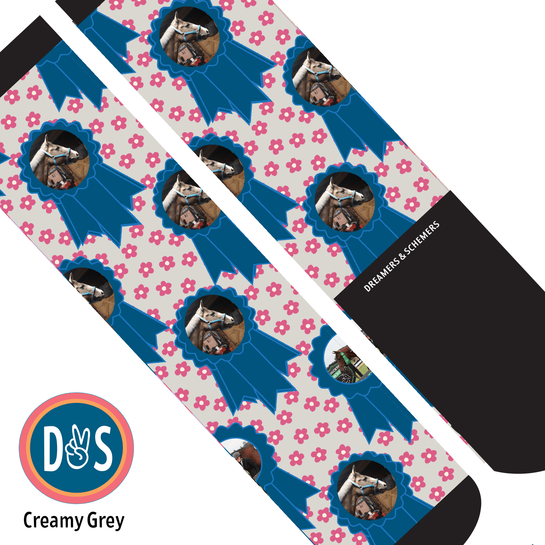 Custom AL Custom Socks Adult / Creamy Grey Custom Blue Ribbon with Pinky Petals Socks 1 Photo equestrian boot socks boot socks thin socks riding socks pattern socks tall socks funny socks knee high socks horse socks horse show socks