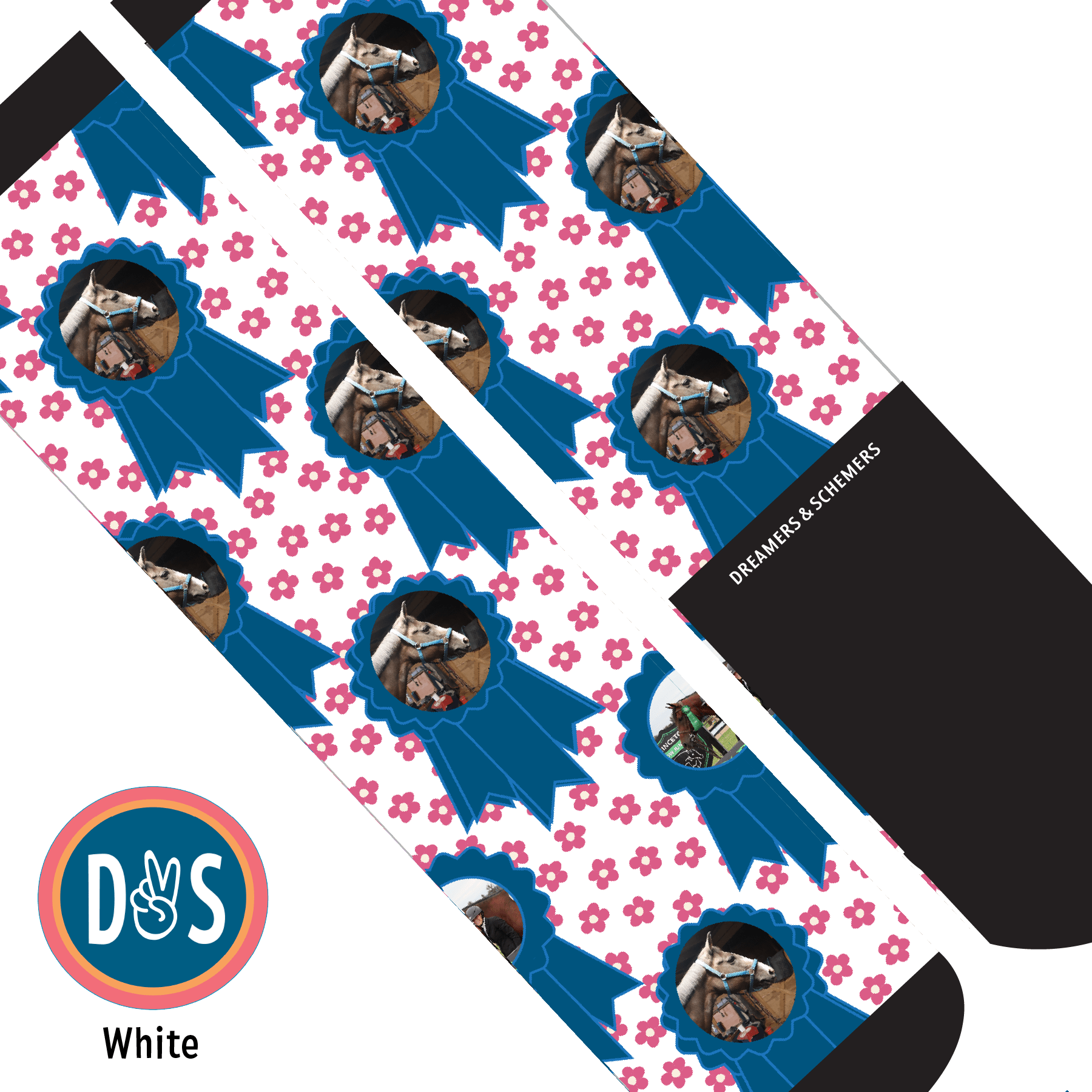 Custom AL Custom Socks Adult / White Custom Blue Ribbon with Pinky Petals Socks 1 Photo equestrian boot socks boot socks thin socks riding socks pattern socks tall socks funny socks knee high socks horse socks horse show socks