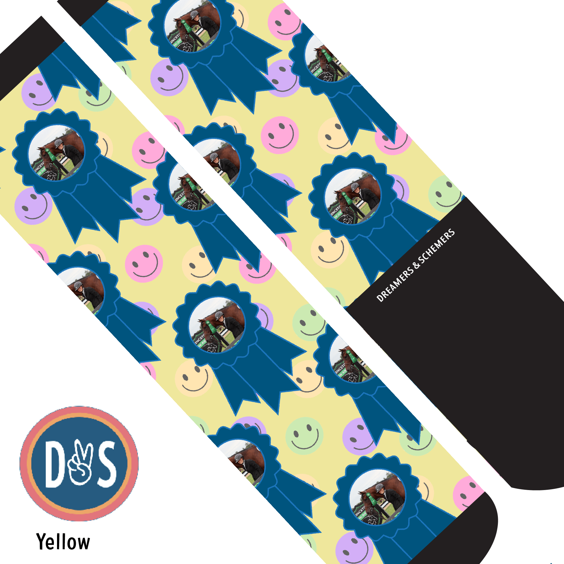 Custom AL Custom Socks Adult / Yellow Custom Blue Ribbon with Smiley Vibes Socks 1 Photo equestrian boot socks boot socks thin socks riding socks pattern socks tall socks funny socks knee high socks horse socks horse show socks