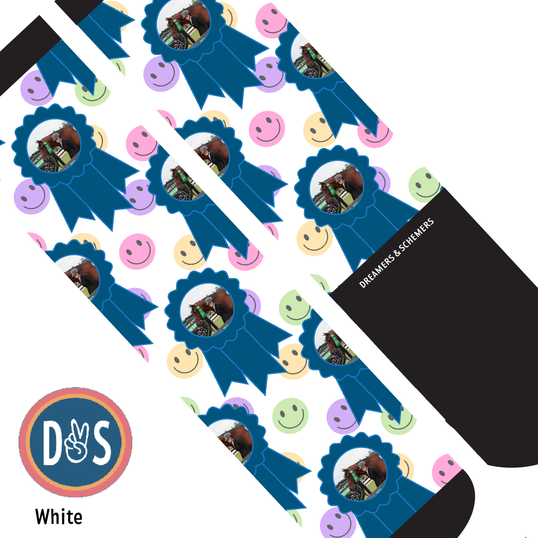 Custom AL Custom Socks Adult / White Custom Blue Ribbon with Smiley Vibes Socks 1 Photo equestrian boot socks boot socks thin socks riding socks pattern socks tall socks funny socks knee high socks horse socks horse show socks