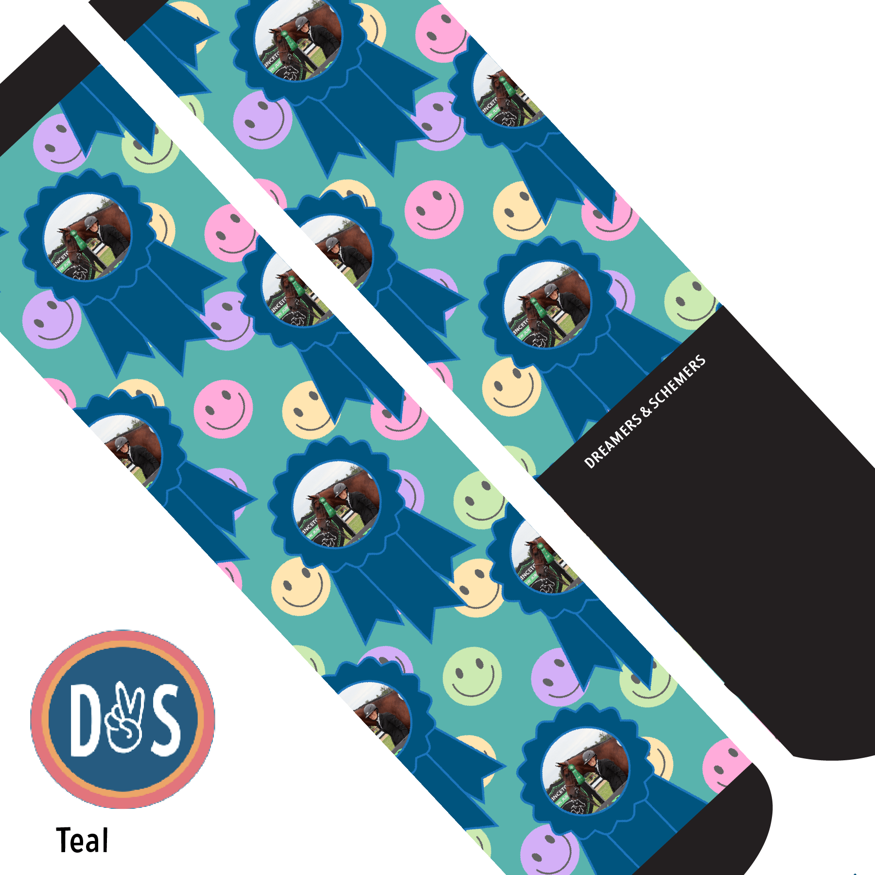 Custom AL Custom Socks Adult / Teal Custom Blue Ribbon with Smiley Vibes Socks 1 Photo equestrian boot socks boot socks thin socks riding socks pattern socks tall socks funny socks knee high socks horse socks horse show socks