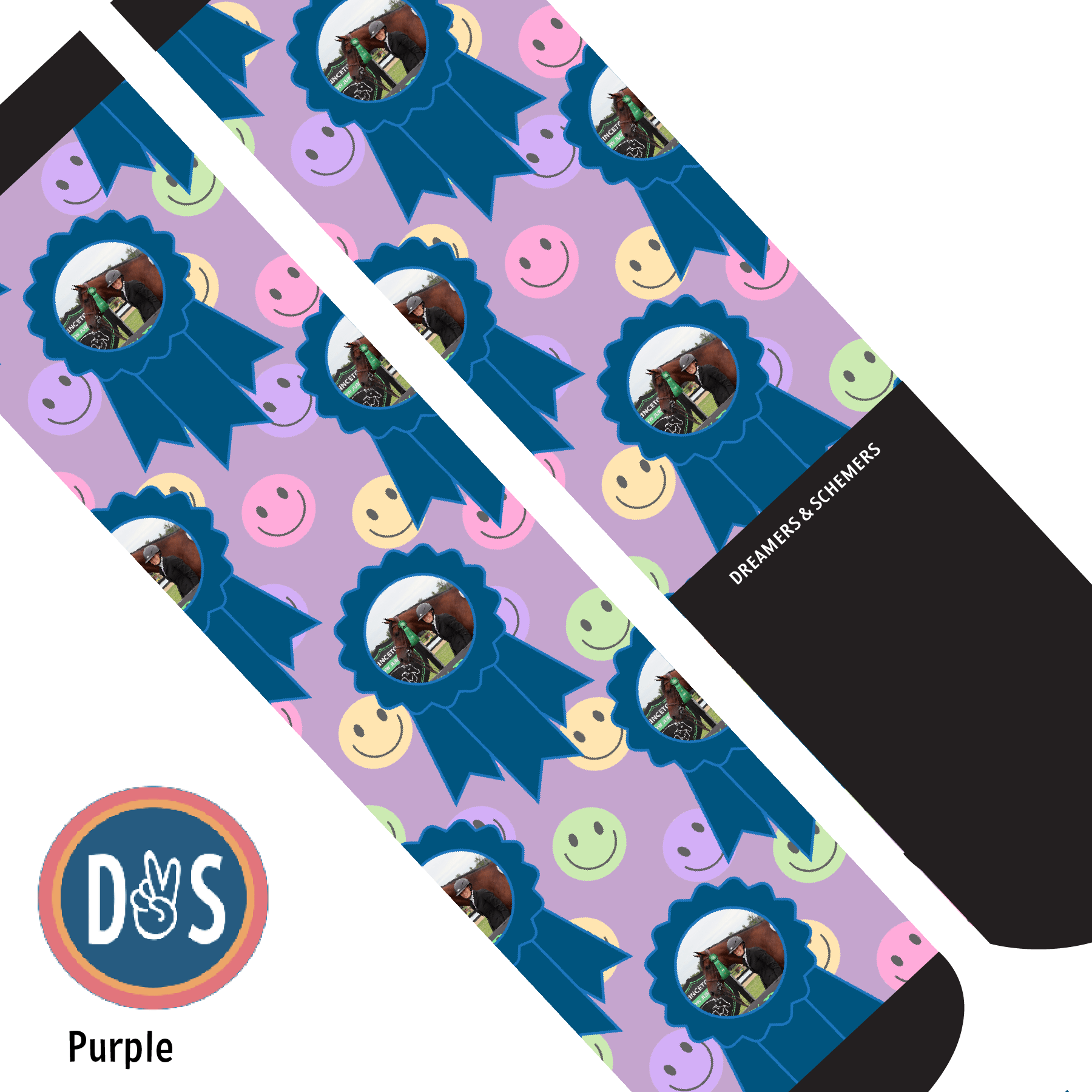 Custom AL Custom Socks Adult / Purple Custom Blue Ribbon with Smiley Vibes Socks 1 Photo equestrian boot socks boot socks thin socks riding socks pattern socks tall socks funny socks knee high socks horse socks horse show socks
