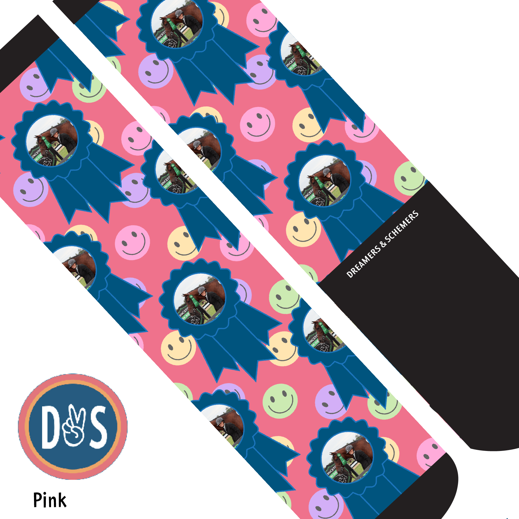 Custom AL Custom Socks Adult / Pink Custom Blue Ribbon with Smiley Vibes Socks 1 Photo equestrian boot socks boot socks thin socks riding socks pattern socks tall socks funny socks knee high socks horse socks horse show socks