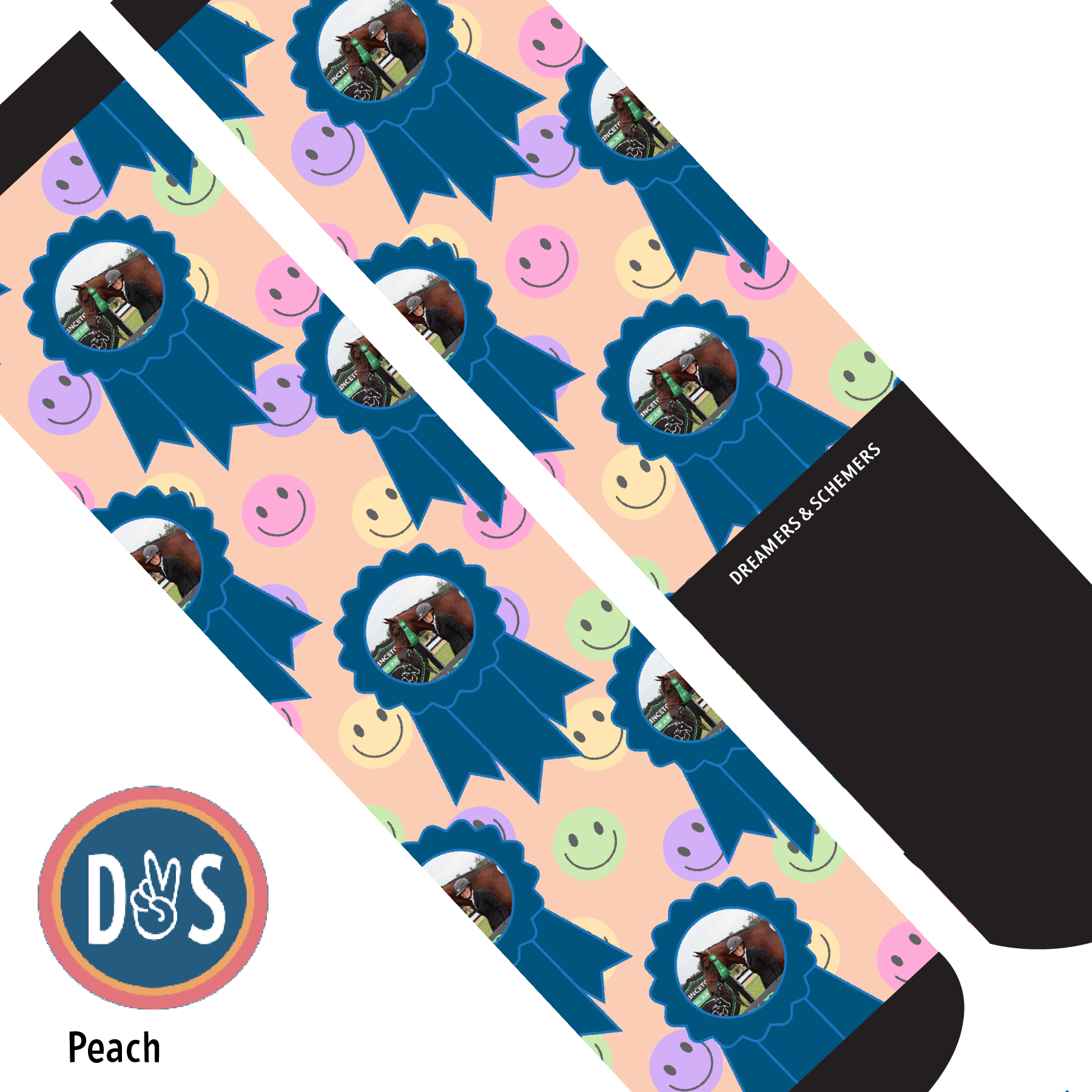 Custom AL Custom Socks Adult / Peach Custom Blue Ribbon with Smiley Vibes Socks 1 Photo equestrian boot socks boot socks thin socks riding socks pattern socks tall socks funny socks knee high socks horse socks horse show socks
