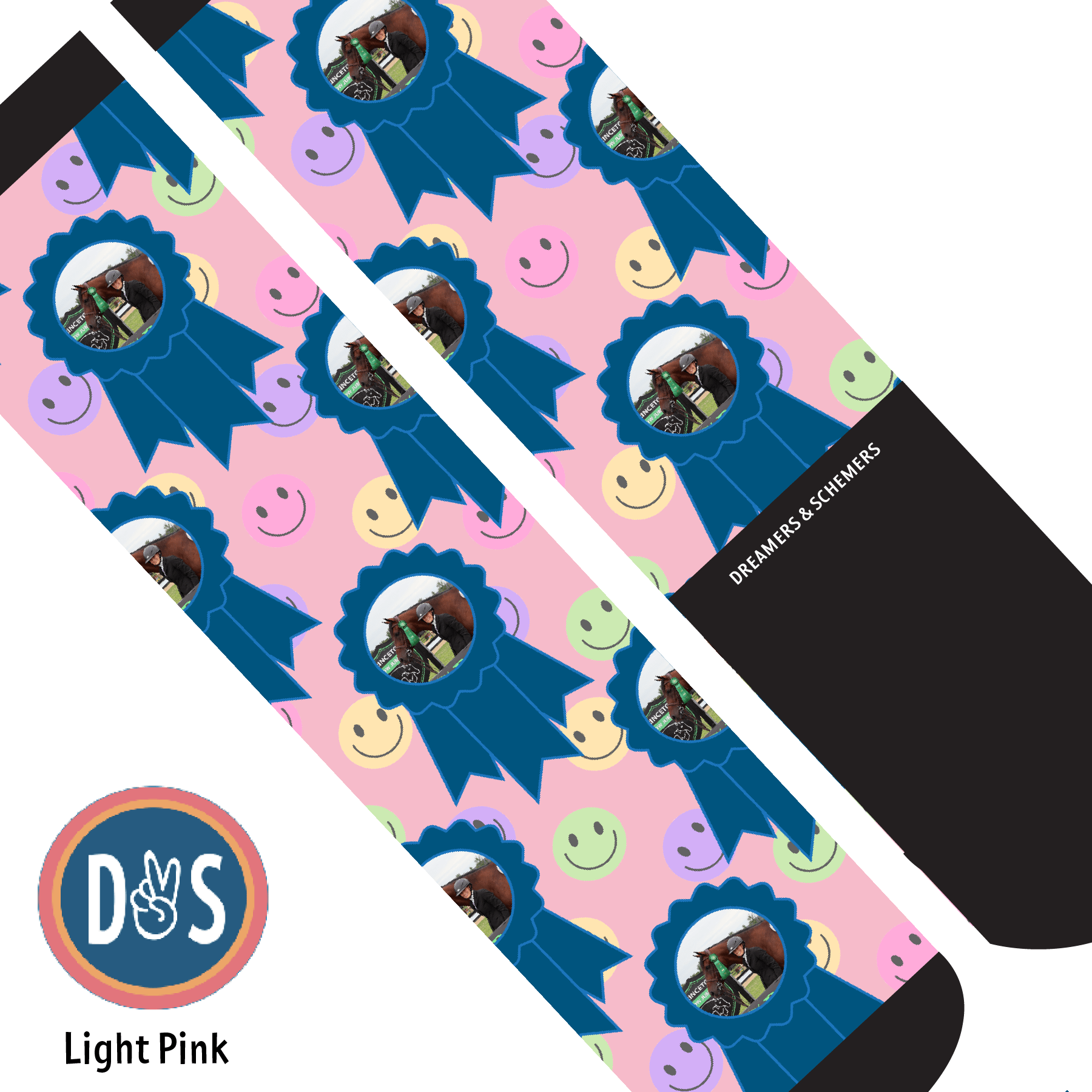 Custom AL Custom Socks Adult / Light Pink Custom Blue Ribbon with Smiley Vibes Socks 1 Photo equestrian boot socks boot socks thin socks riding socks pattern socks tall socks funny socks knee high socks horse socks horse show socks