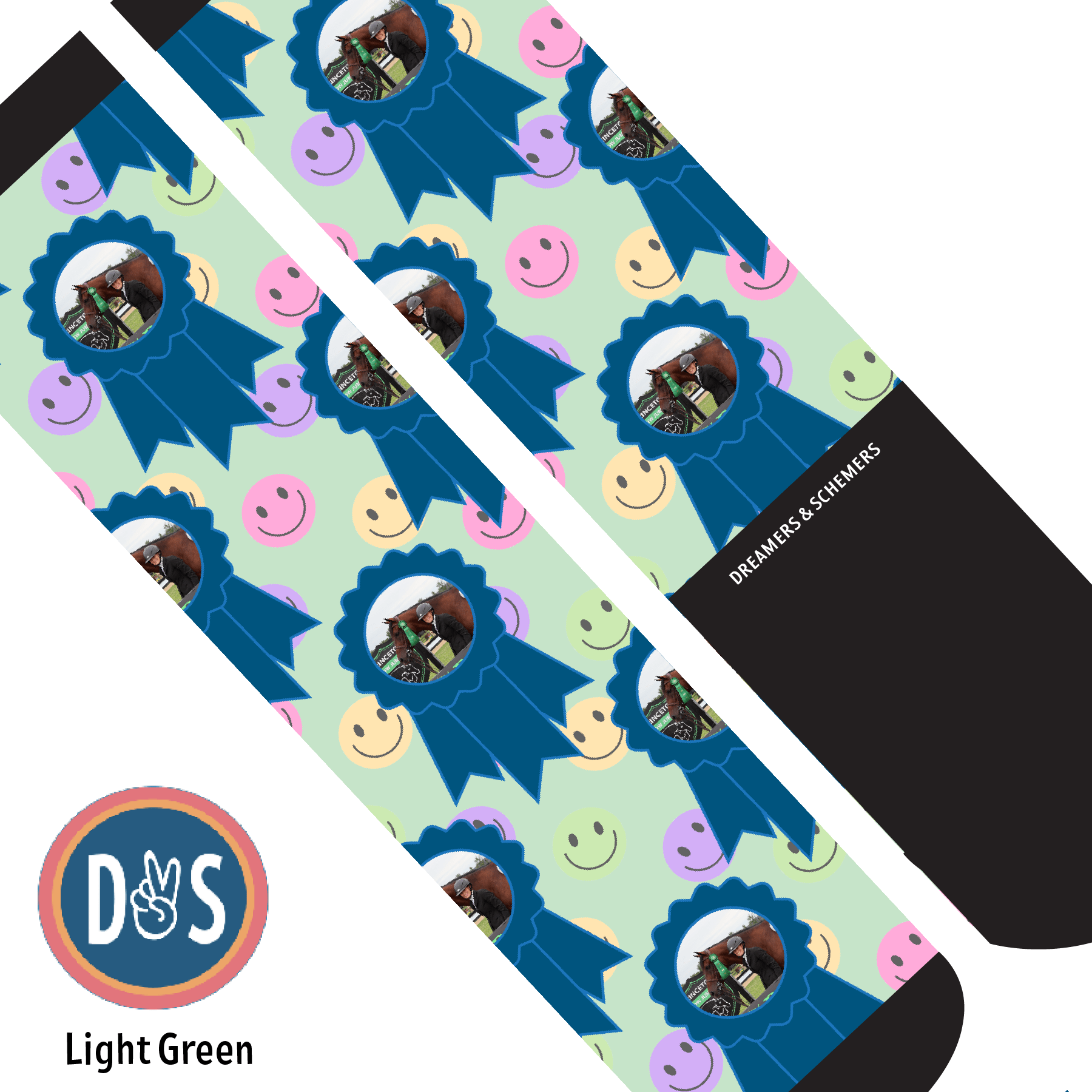 Custom AL Custom Socks Adult / Light Green Custom Blue Ribbon with Smiley Vibes Socks 1 Photo equestrian boot socks boot socks thin socks riding socks pattern socks tall socks funny socks knee high socks horse socks horse show socks
