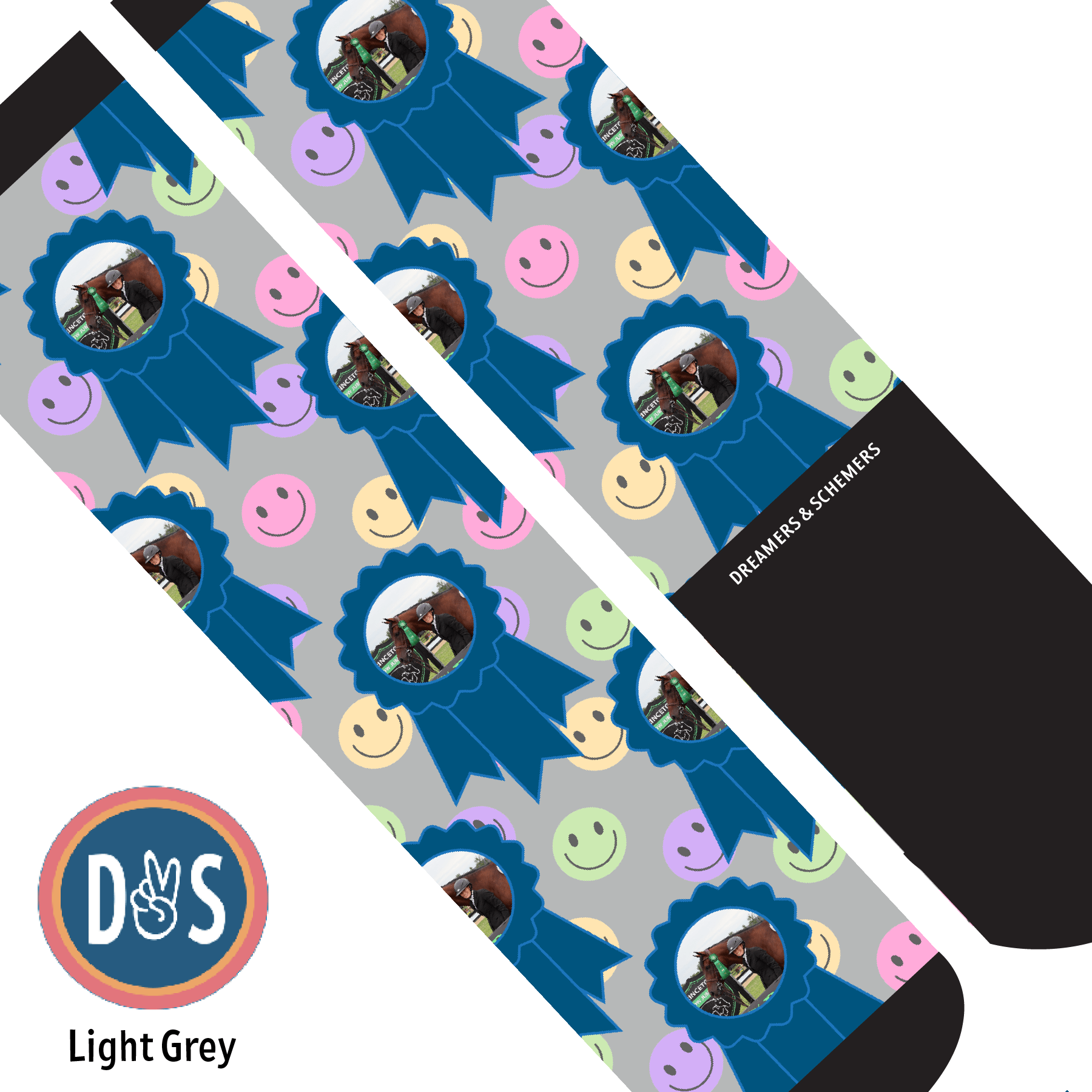 Custom AL Custom Socks Adult / Light Grey Custom Blue Ribbon with Smiley Vibes Socks 1 Photo equestrian boot socks boot socks thin socks riding socks pattern socks tall socks funny socks knee high socks horse socks horse show socks