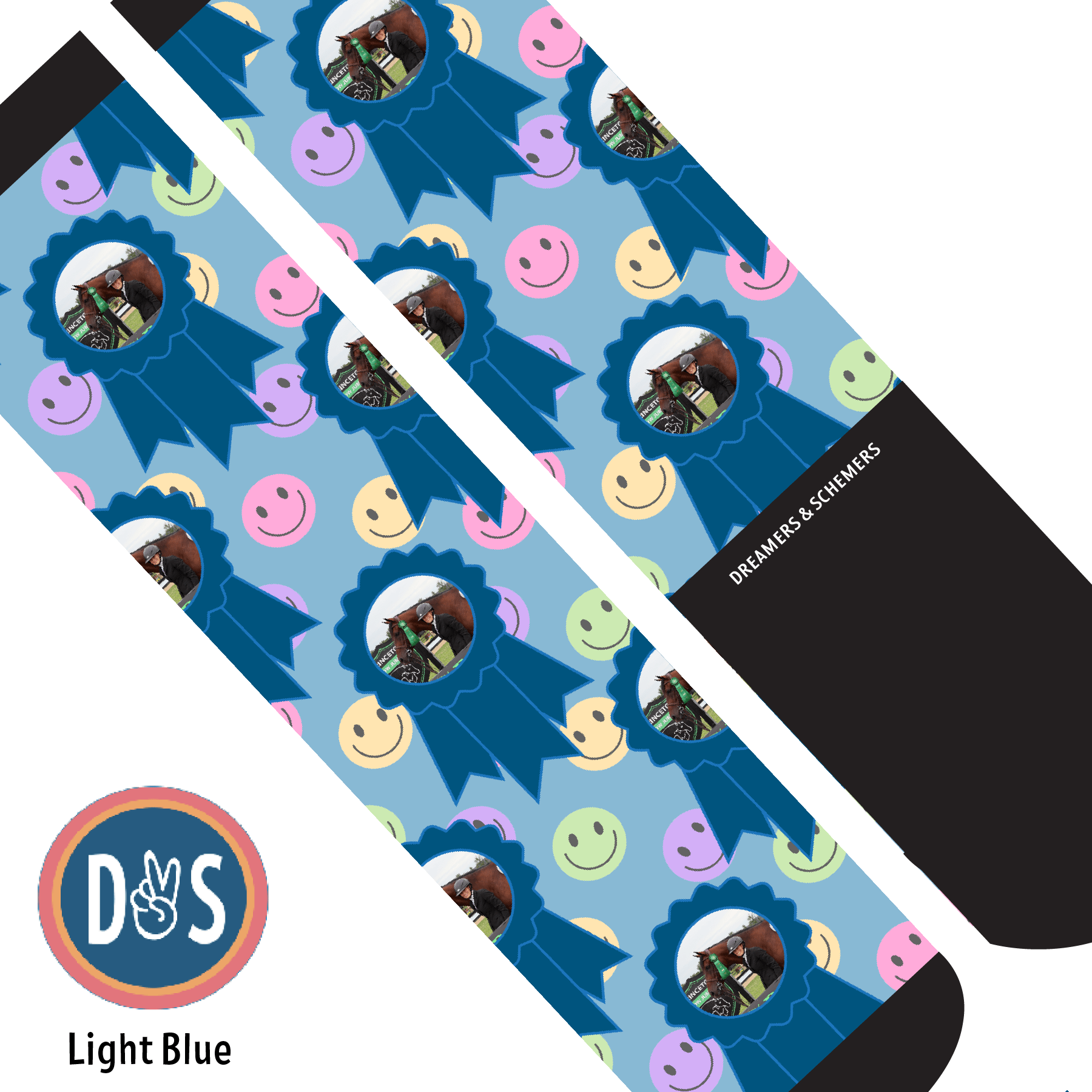 Custom AL Custom Socks Adult / Light Blue Custom Blue Ribbon with Smiley Vibes Socks 1 Photo equestrian boot socks boot socks thin socks riding socks pattern socks tall socks funny socks knee high socks horse socks horse show socks