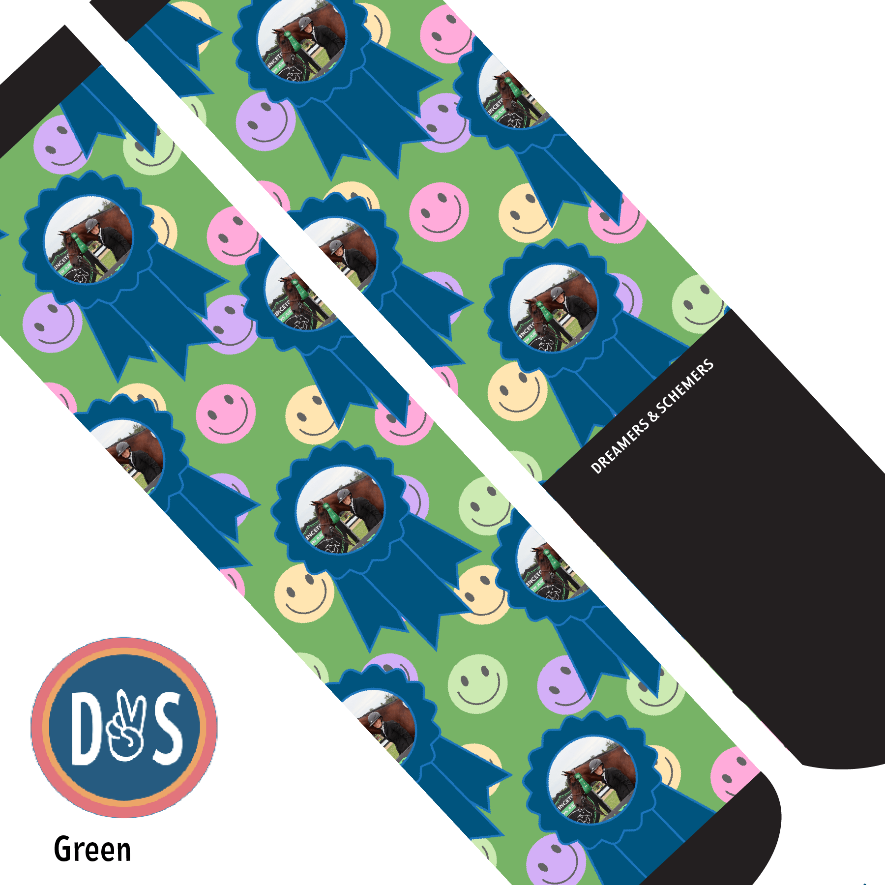 Custom AL Custom Socks Adult / Green Custom Blue Ribbon with Smiley Vibes Socks 1 Photo equestrian boot socks boot socks thin socks riding socks pattern socks tall socks funny socks knee high socks horse socks horse show socks