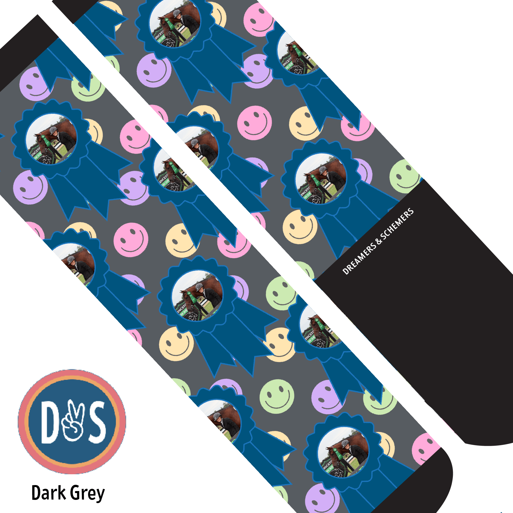Custom AL Custom Socks Adult / Dark Grey Custom Blue Ribbon with Smiley Vibes Socks 1 Photo equestrian boot socks boot socks thin socks riding socks pattern socks tall socks funny socks knee high socks horse socks horse show socks