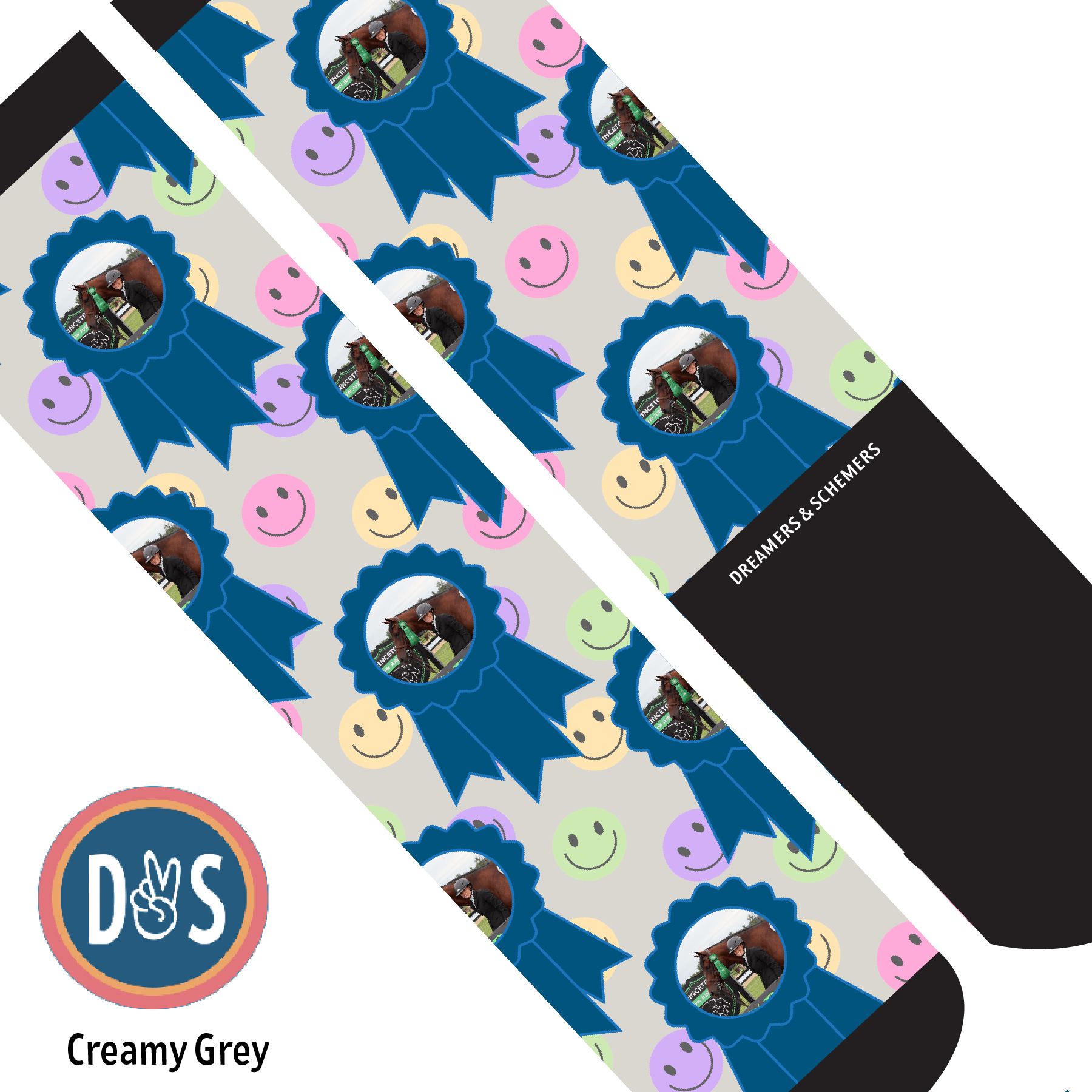 Custom AL Custom Socks Adult / Creamy Grey Custom Blue Ribbon with Smiley Vibes Socks 1 Photo equestrian boot socks boot socks thin socks riding socks pattern socks tall socks funny socks knee high socks horse socks horse show socks
