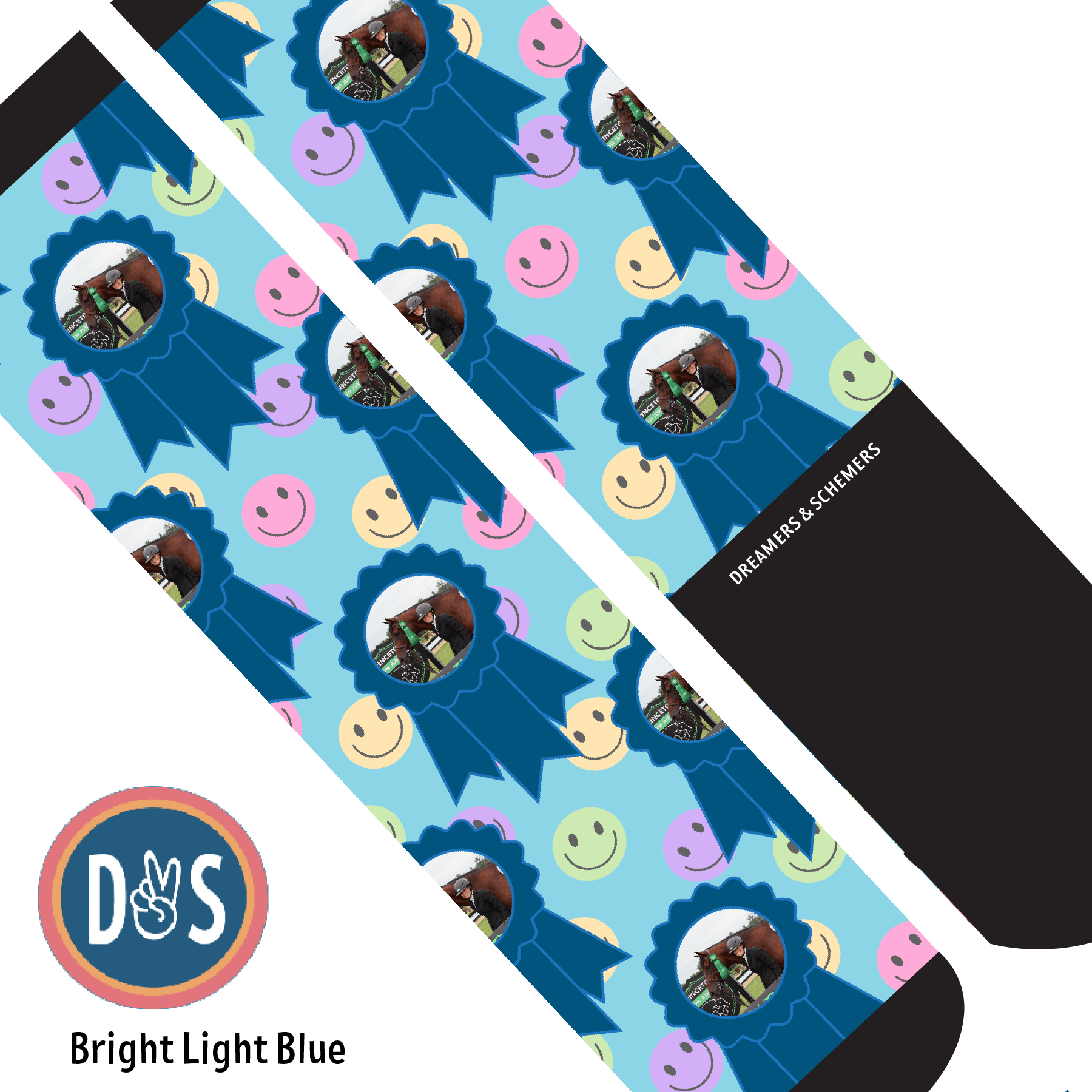 Custom AL Custom Socks Adult / Bright Light Blue Custom Blue Ribbon with Smiley Vibes Socks 1 Photo equestrian boot socks boot socks thin socks riding socks pattern socks tall socks funny socks knee high socks horse socks horse show socks