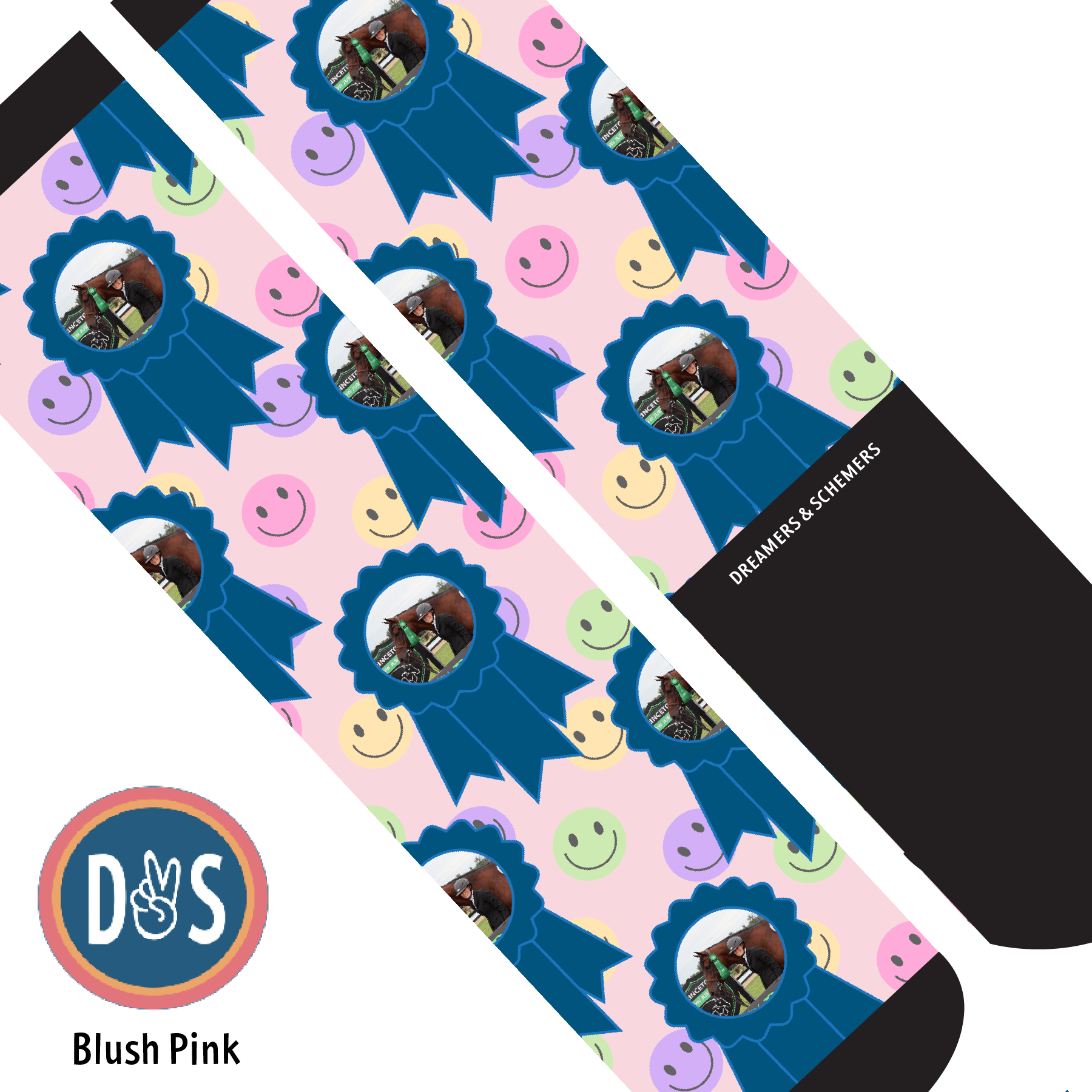 Custom AL Custom Socks Adult / Blush Pink Custom Blue Ribbon with Smiley Vibes Socks 1 Photo equestrian boot socks boot socks thin socks riding socks pattern socks tall socks funny socks knee high socks horse socks horse show socks