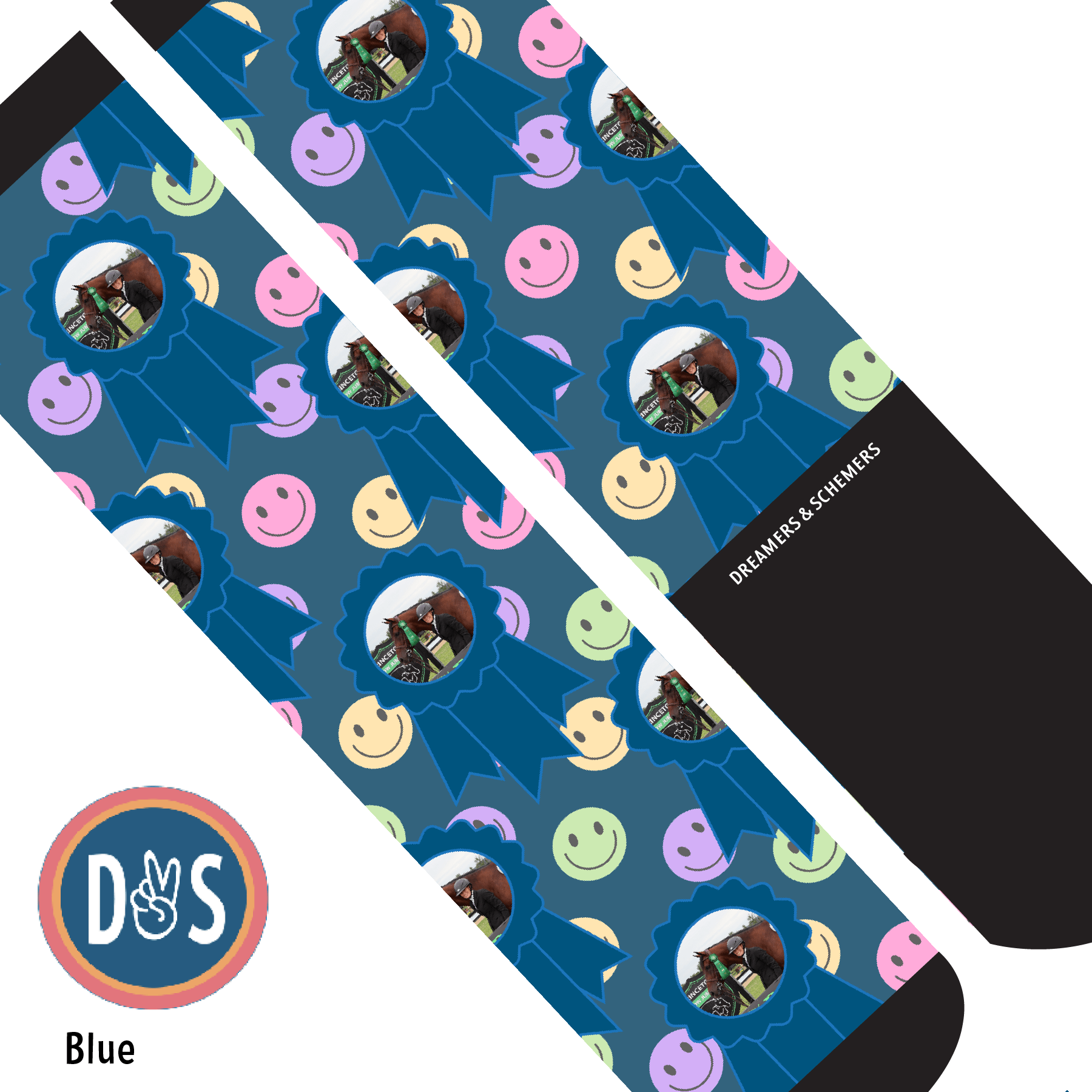 Custom AL Custom Socks Adult / Blue Custom Blue Ribbon with Smiley Vibes Socks 1 Photo equestrian boot socks boot socks thin socks riding socks pattern socks tall socks funny socks knee high socks horse socks horse show socks