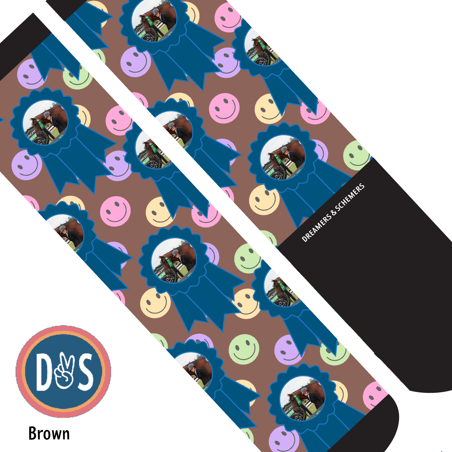 Custom AL Custom Socks Adult / Brown Custom Blue Ribbon with Smiley Vibes Socks 1 Photo equestrian boot socks boot socks thin socks riding socks pattern socks tall socks funny socks knee high socks horse socks horse show socks