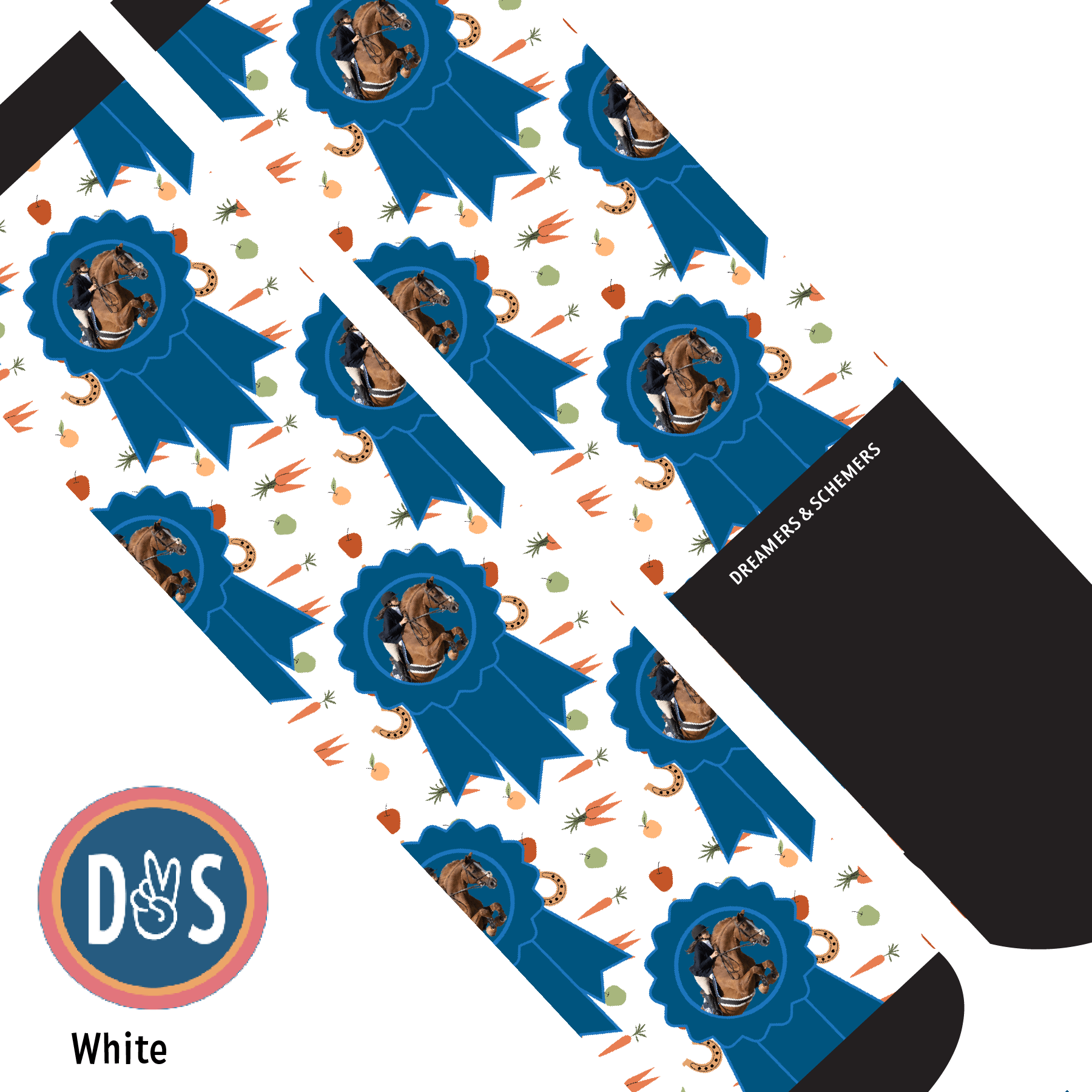 Custom AL Custom Socks Adult / White Custom Blue Ribbon with Stable Snackies Socks 1 Photo equestrian boot socks boot socks thin socks riding socks pattern socks tall socks funny socks knee high socks horse socks horse show socks
