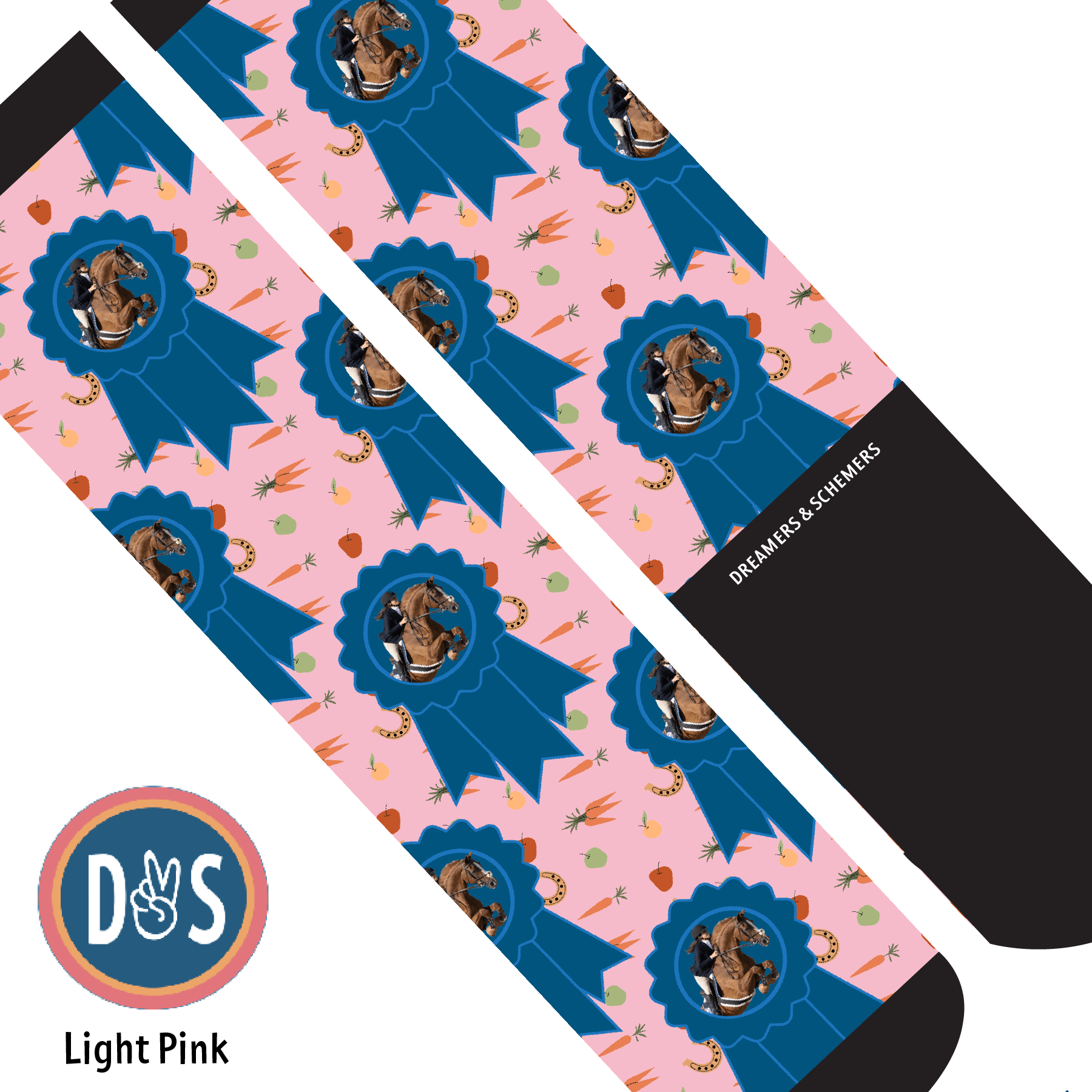 Custom AL Custom Socks Adult / Light Pink Custom Blue Ribbon with Stable Snackies Socks 1 Photo equestrian boot socks boot socks thin socks riding socks pattern socks tall socks funny socks knee high socks horse socks horse show socks