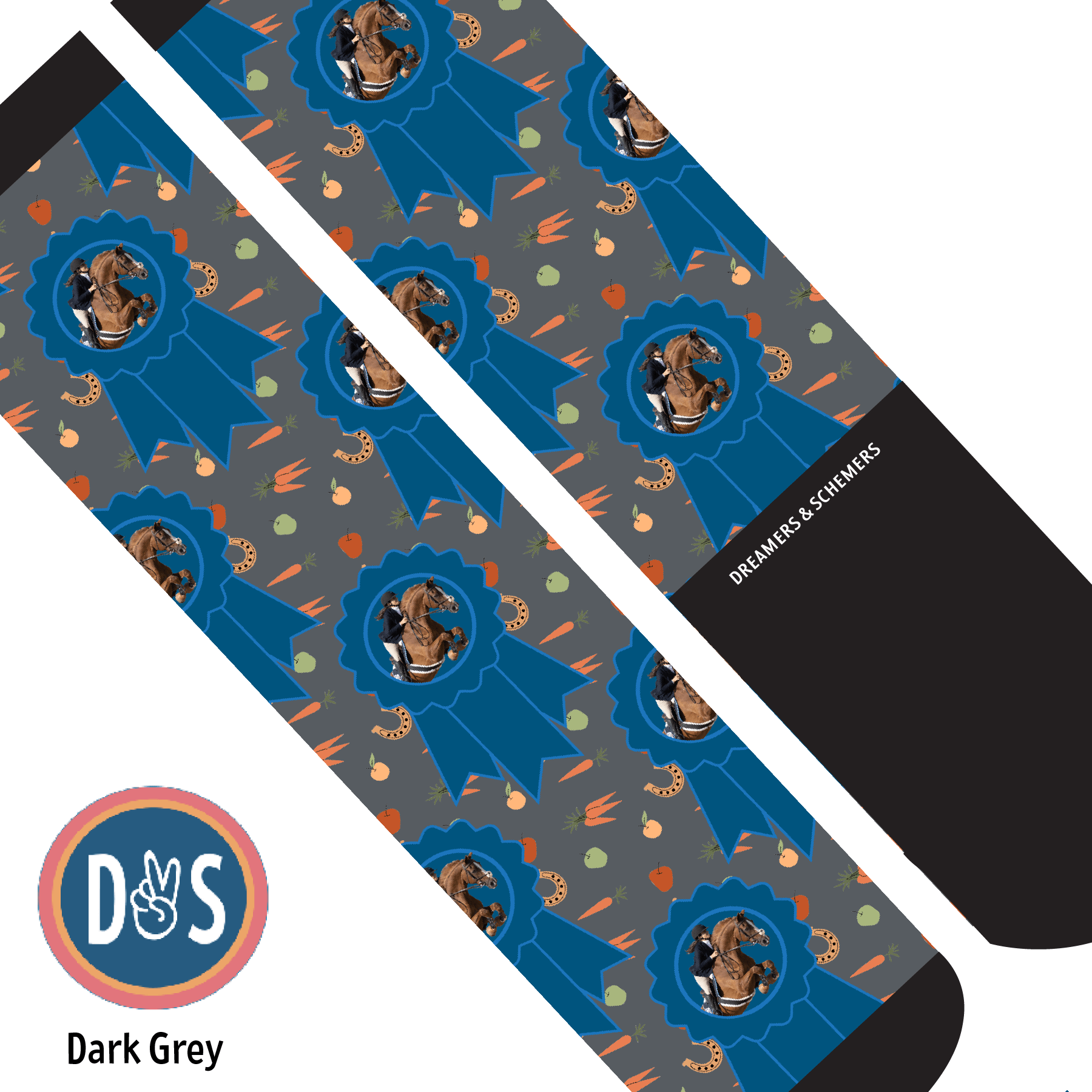 Custom AL Custom Socks Adult / Dark Grey Custom Blue Ribbon with Stable Snackies Socks 1 Photo equestrian boot socks boot socks thin socks riding socks pattern socks tall socks funny socks knee high socks horse socks horse show socks