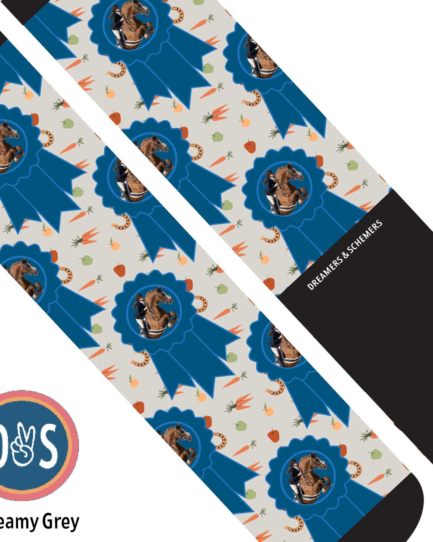 Custom AL Custom Socks Adult / Creamy Grey Custom Blue Ribbon with Stable Snackies Socks 1 Photo equestrian boot socks boot socks thin socks riding socks pattern socks tall socks funny socks knee high socks horse socks horse show socks