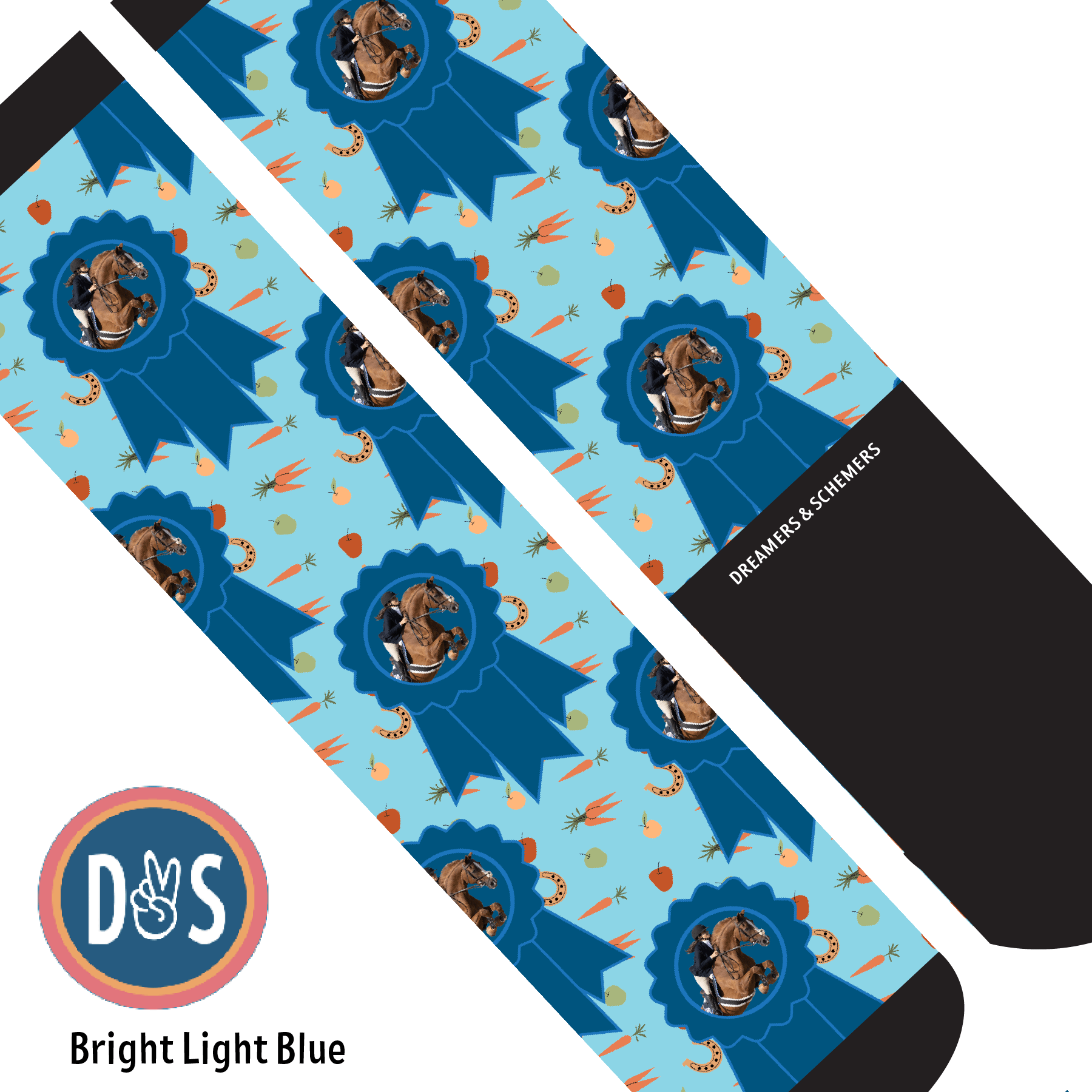 Custom AL Custom Socks Adult / Bright Light Blue Custom Blue Ribbon with Stable Snackies Socks 1 Photo equestrian boot socks boot socks thin socks riding socks pattern socks tall socks funny socks knee high socks horse socks horse show socks