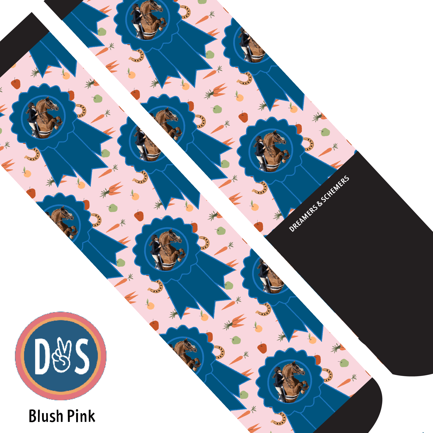 Custom AL Custom Socks Adult / Blush Pink Custom Blue Ribbon with Stable Snackies Socks 1 Photo equestrian boot socks boot socks thin socks riding socks pattern socks tall socks funny socks knee high socks horse socks horse show socks