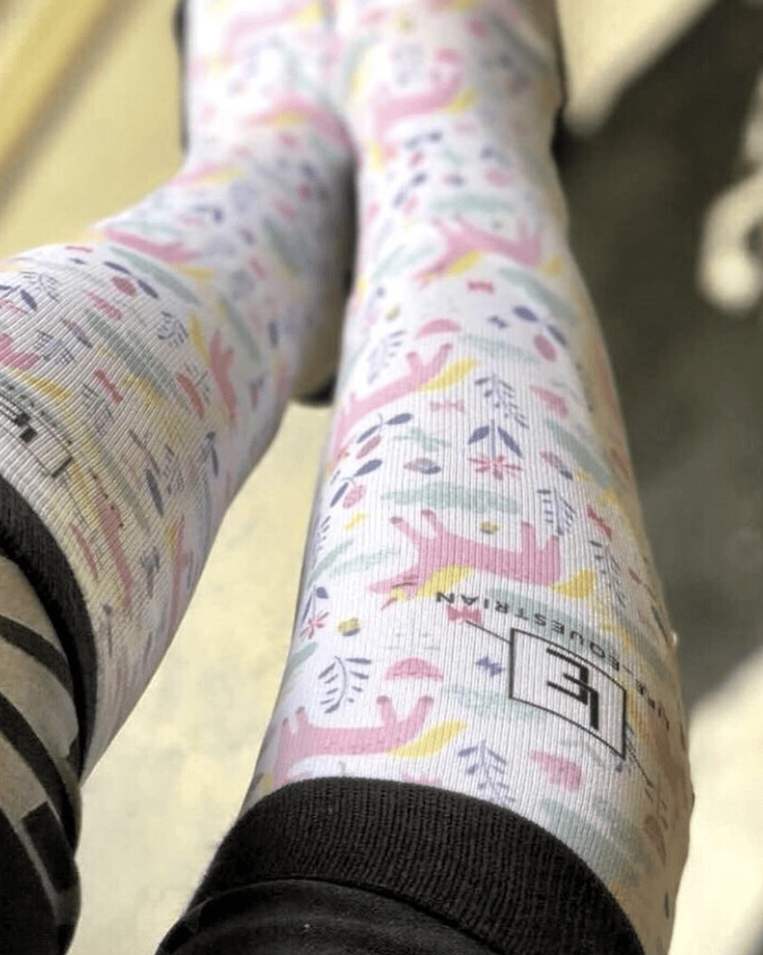 Custom D&S Socks with colorful, personalized boot sock design featuring abstract patterns.