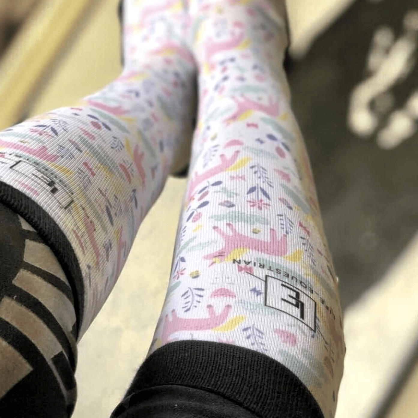 Custom D&S Socks with colorful, personalized boot sock design featuring abstract patterns.