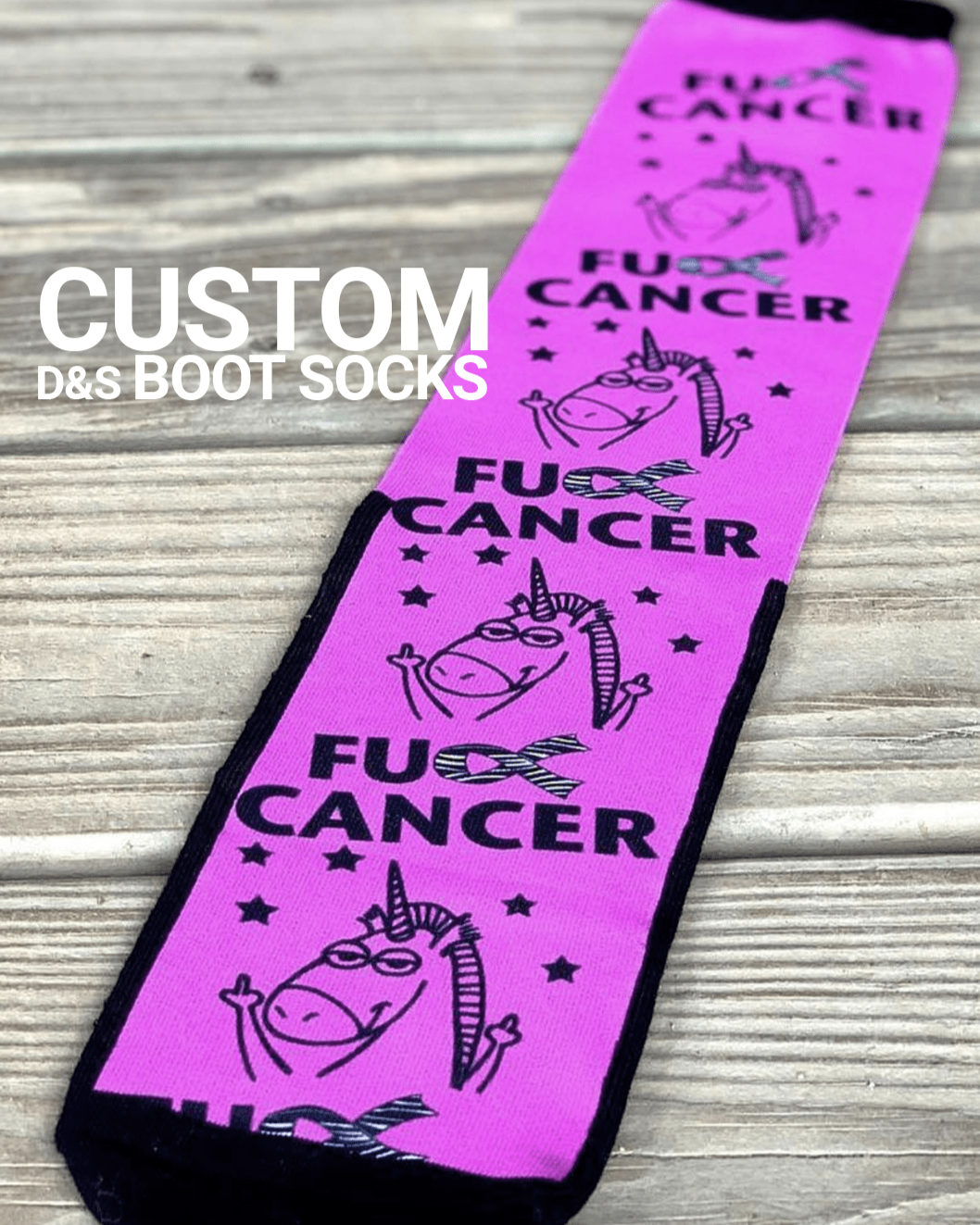 Custom D&S Socks purple boot socks with unicorn and cancer awareness design on wooden background