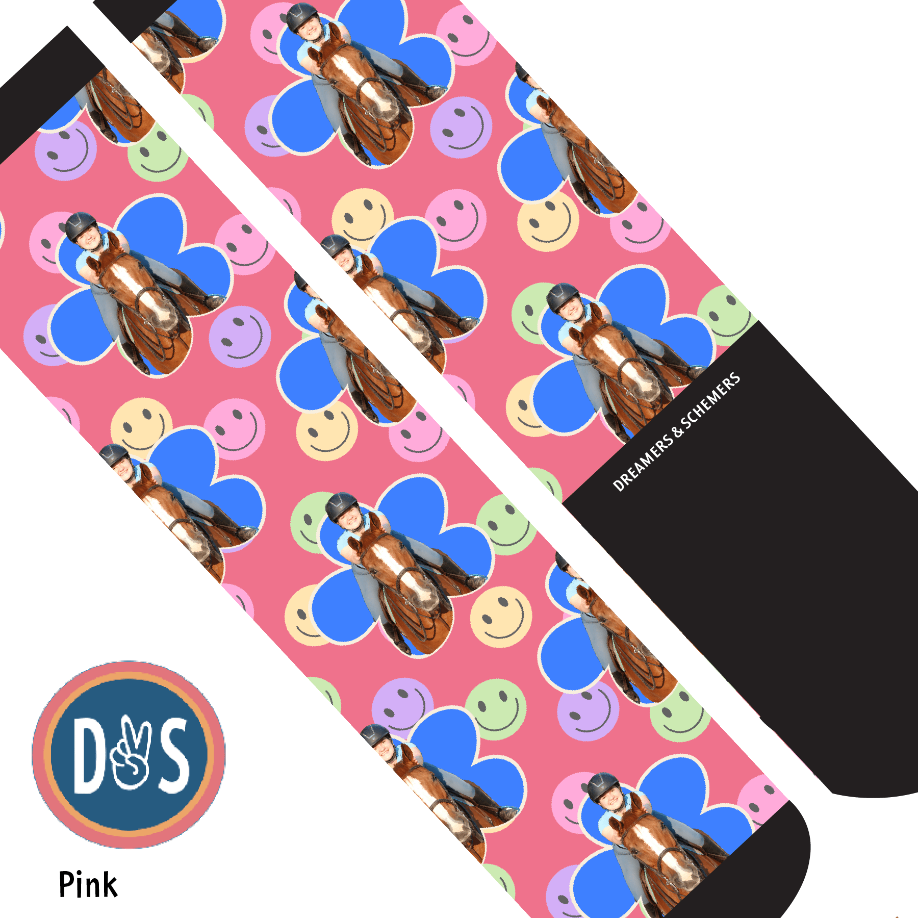 Custom AL Custom Socks Adult / Pink Custom Flower with Smiley Vibes Socks 1 Photo equestrian boot socks boot socks thin socks riding socks pattern socks tall socks funny socks knee high socks horse socks horse show socks