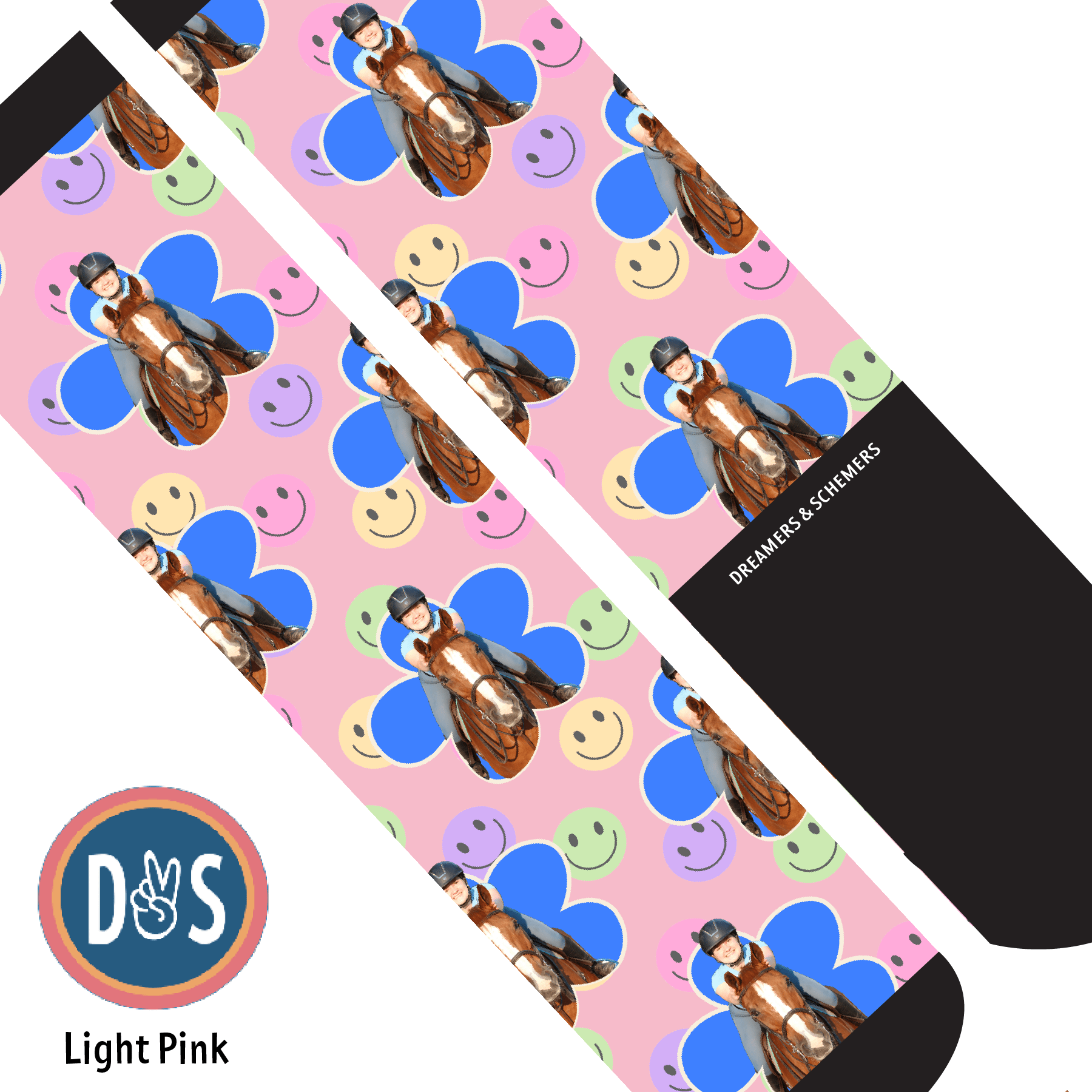 Custom AL Custom Socks Adult / Light Pink Custom Flower with Smiley Vibes Socks 1 Photo equestrian boot socks boot socks thin socks riding socks pattern socks tall socks funny socks knee high socks horse socks horse show socks