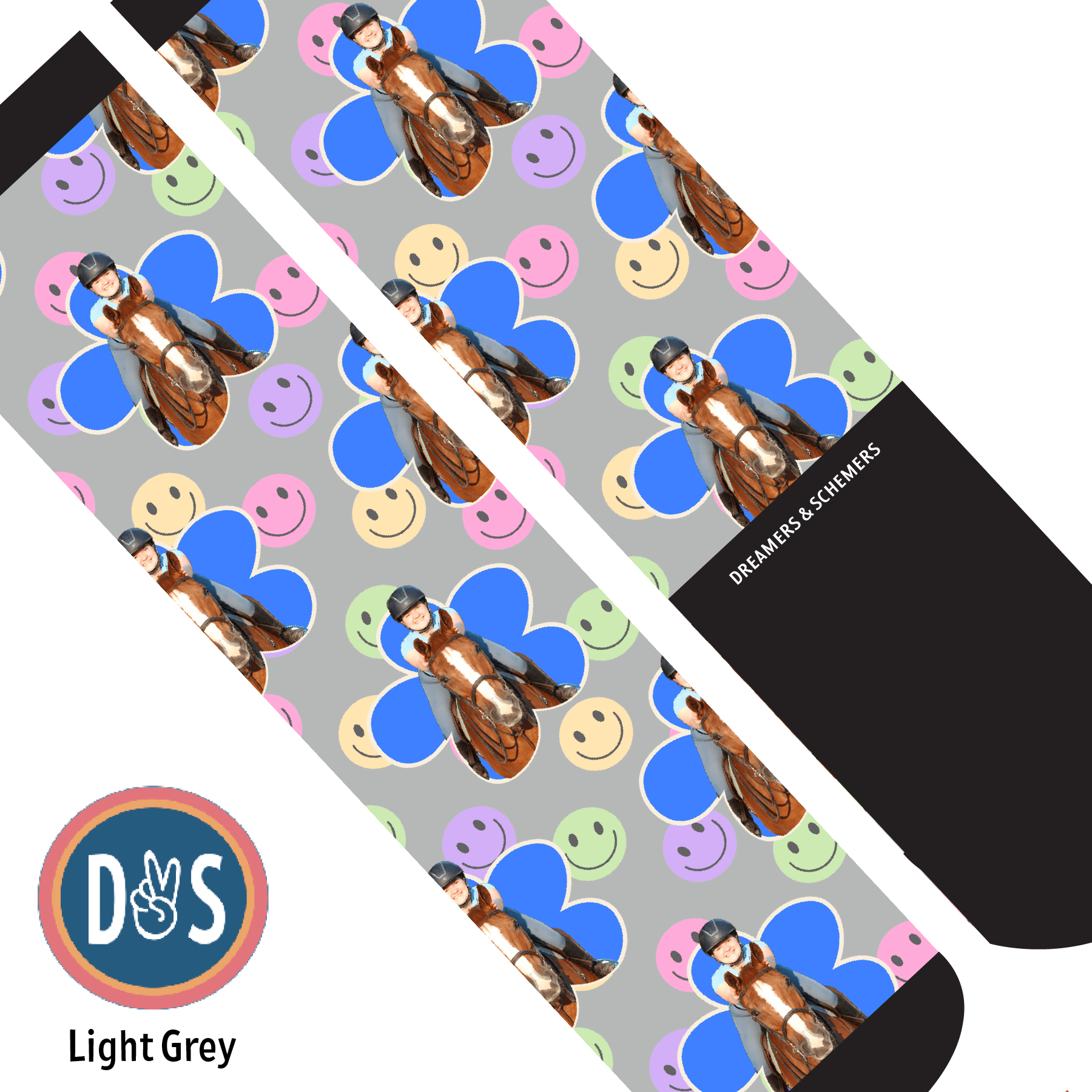 Custom AL Custom Socks Adult / Light Grey Custom Flower with Smiley Vibes Socks 1 Photo equestrian boot socks boot socks thin socks riding socks pattern socks tall socks funny socks knee high socks horse socks horse show socks