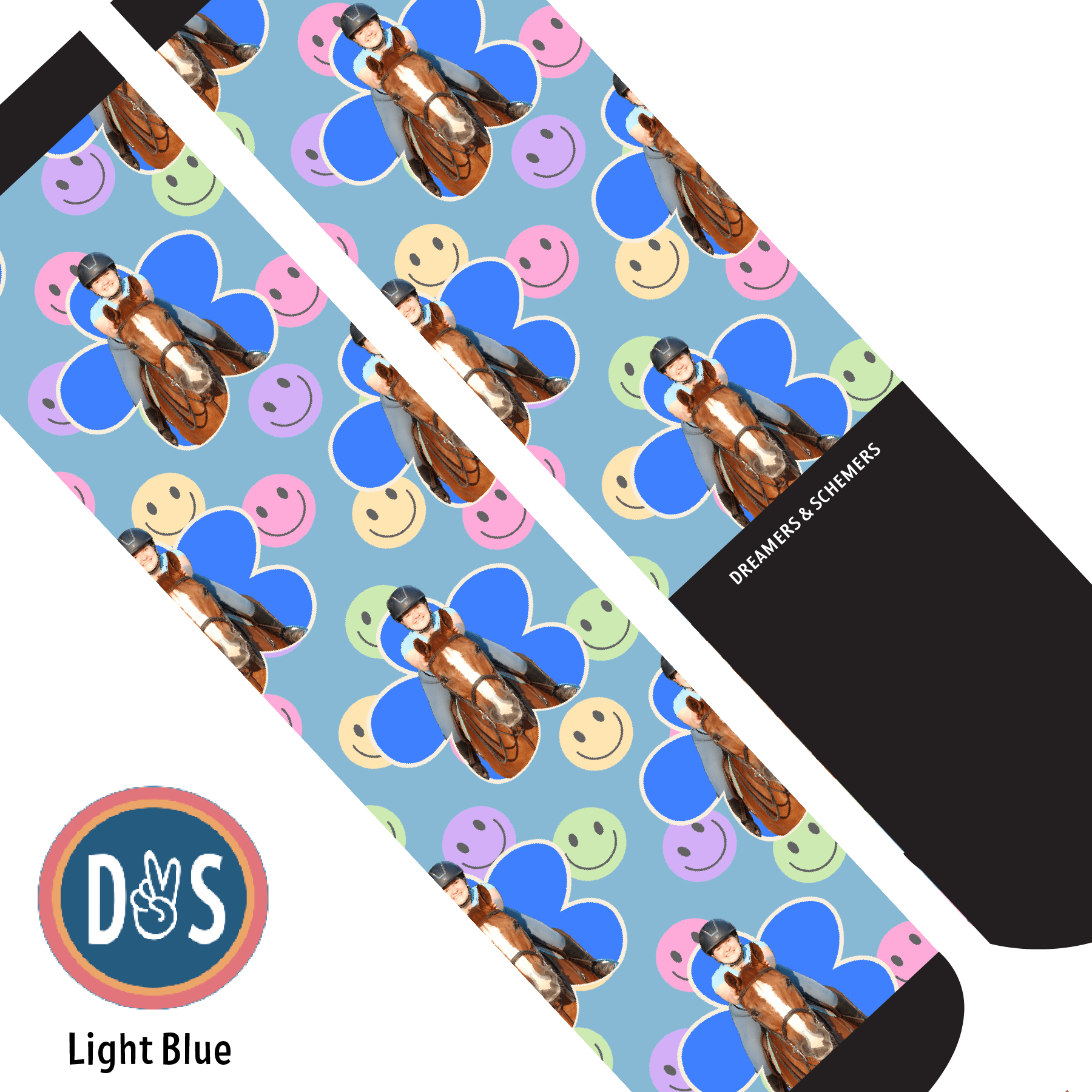 Custom AL Custom Socks Adult / Light Blue Custom Flower with Smiley Vibes Socks 1 Photo equestrian boot socks boot socks thin socks riding socks pattern socks tall socks funny socks knee high socks horse socks horse show socks