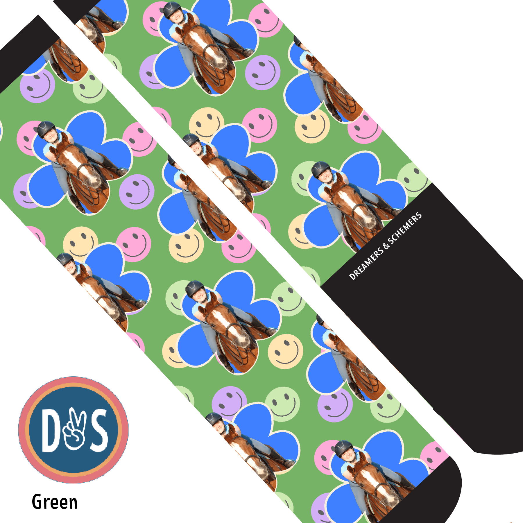 Custom AL Custom Socks Adult / Green Custom Flower with Smiley Vibes Socks 1 Photo equestrian boot socks boot socks thin socks riding socks pattern socks tall socks funny socks knee high socks horse socks horse show socks
