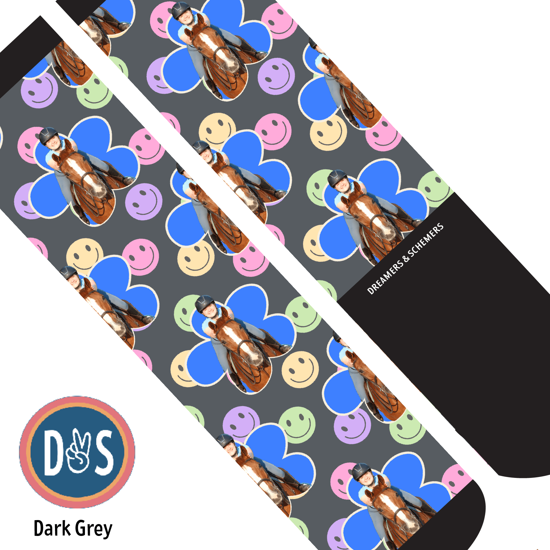 Custom AL Custom Socks Adult / Dark Grey Custom Flower with Smiley Vibes Socks 1 Photo equestrian boot socks boot socks thin socks riding socks pattern socks tall socks funny socks knee high socks horse socks horse show socks