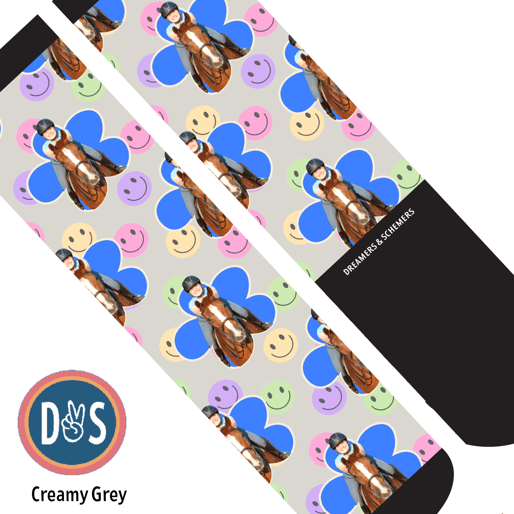 Custom AL Custom Socks Adult / Creamy Grey Custom Flower with Smiley Vibes Socks 1 Photo equestrian boot socks boot socks thin socks riding socks pattern socks tall socks funny socks knee high socks horse socks horse show socks