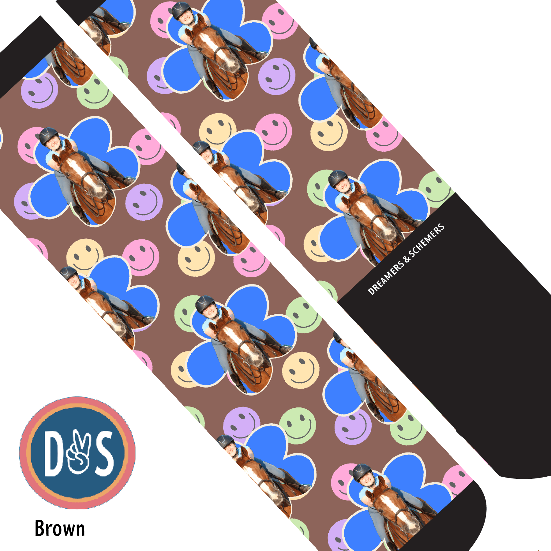 Custom AL Custom Socks Adult / Brown Custom Flower with Smiley Vibes Socks 1 Photo equestrian boot socks boot socks thin socks riding socks pattern socks tall socks funny socks knee high socks horse socks horse show socks