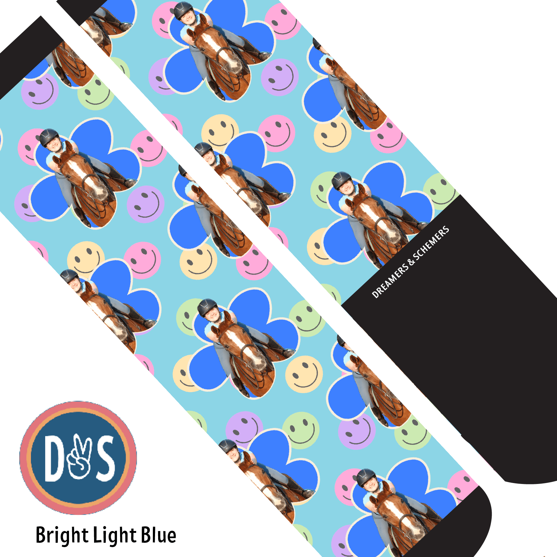 Custom AL Custom Socks Adult / Bright Light Blue Custom Flower with Smiley Vibes Socks 1 Photo equestrian boot socks boot socks thin socks riding socks pattern socks tall socks funny socks knee high socks horse socks horse show socks