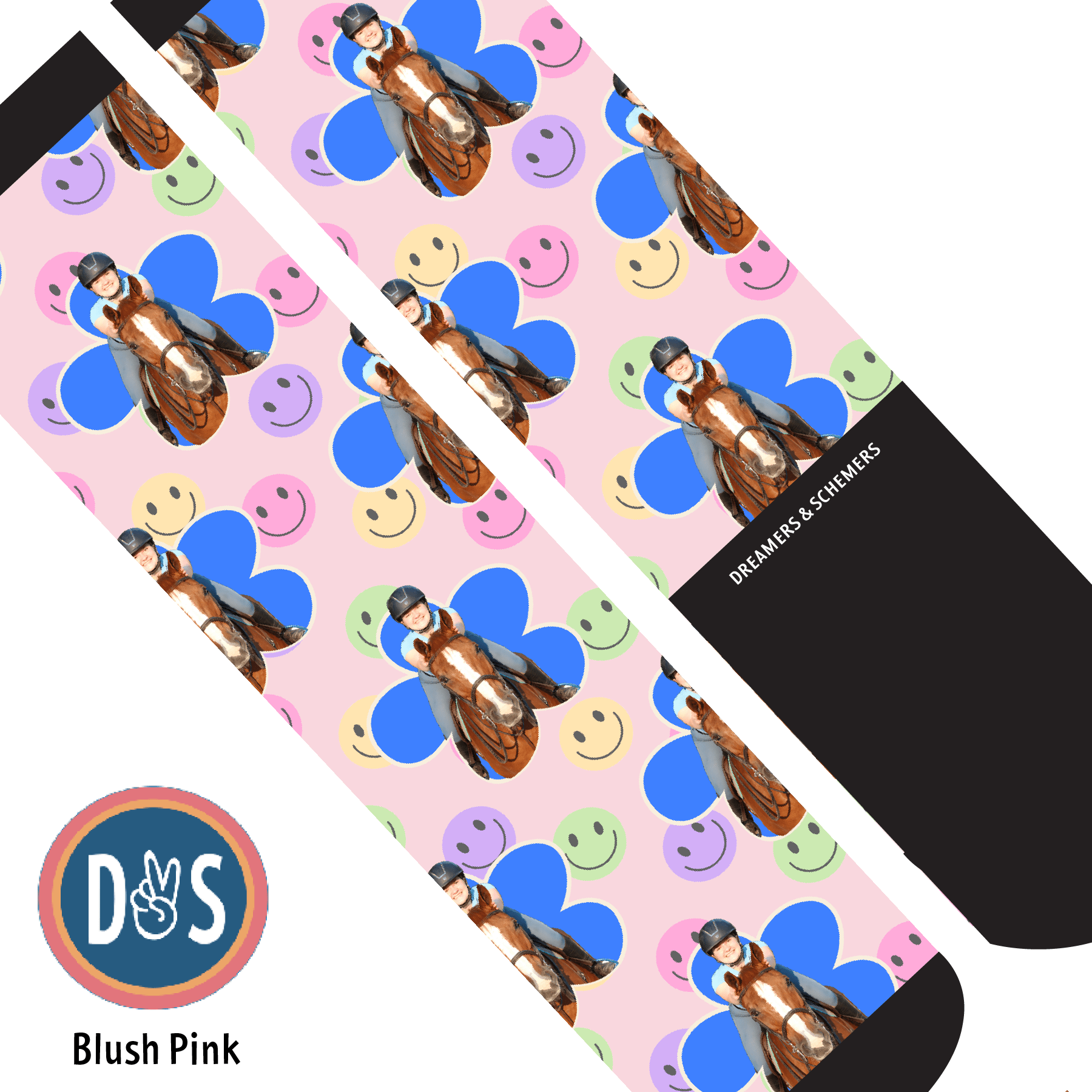 Custom AL Custom Socks Adult / Blush Pink Custom Flower with Smiley Vibes Socks 1 Photo equestrian boot socks boot socks thin socks riding socks pattern socks tall socks funny socks knee high socks horse socks horse show socks