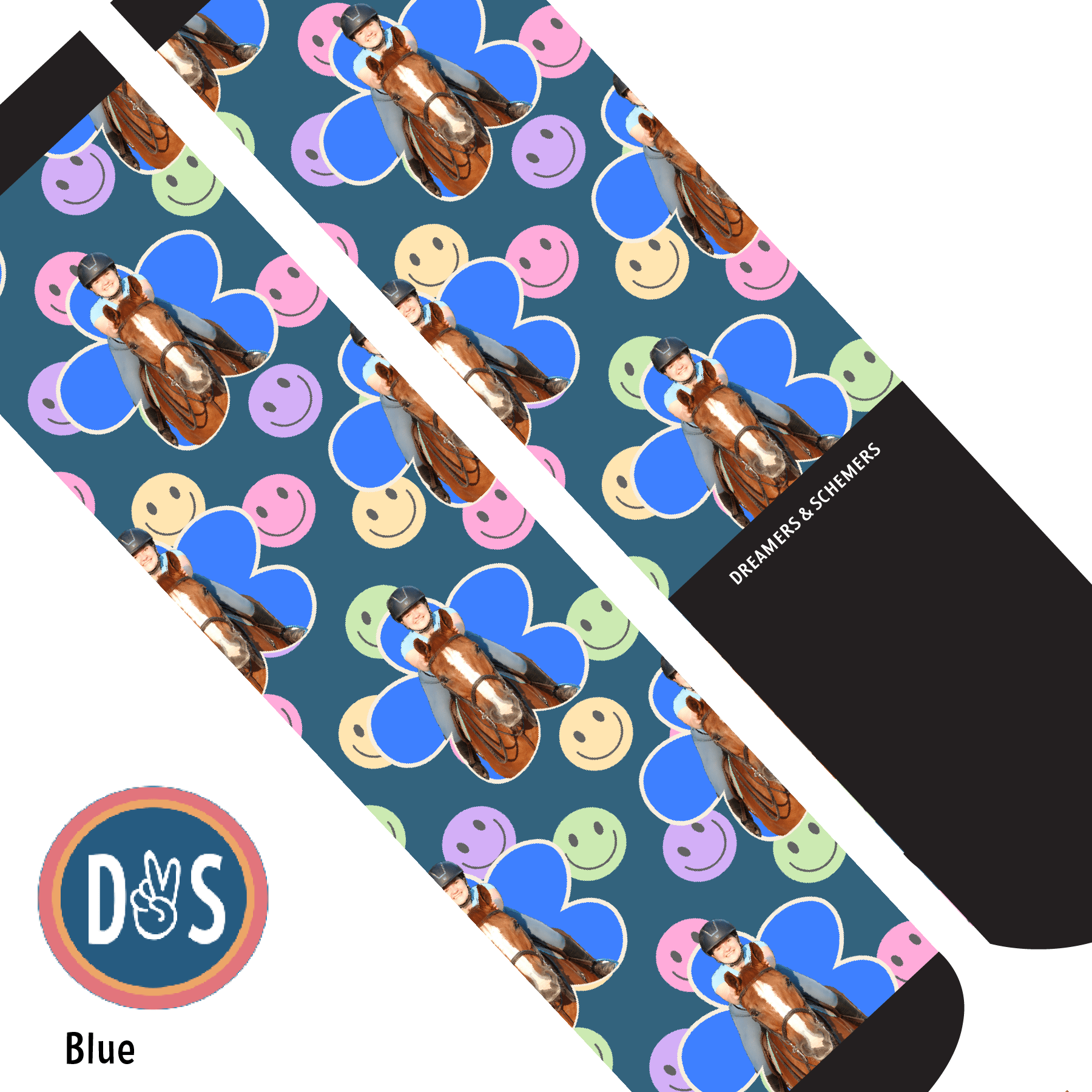 Custom AL Custom Socks Adult / Blue Custom Flower with Smiley Vibes Socks 1 Photo equestrian boot socks boot socks thin socks riding socks pattern socks tall socks funny socks knee high socks horse socks horse show socks