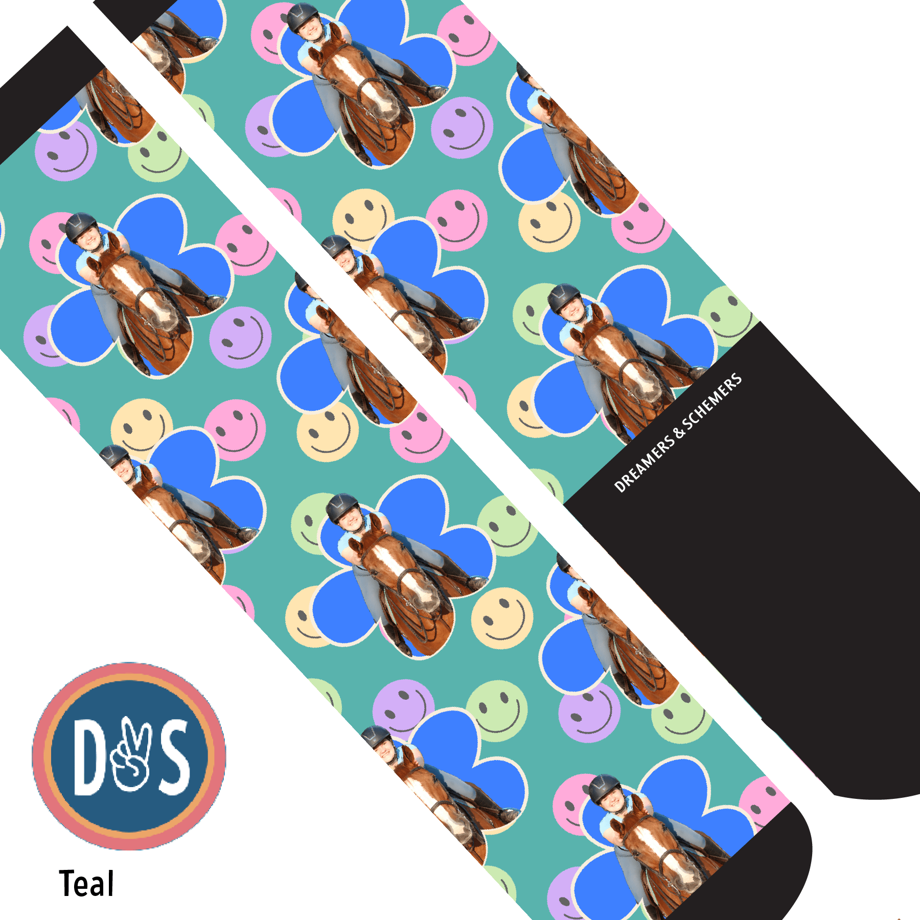 Custom AL Custom Socks Adult / Teal Custom Flower with Smiley Vibes Socks 1 Photo equestrian boot socks boot socks thin socks riding socks pattern socks tall socks funny socks knee high socks horse socks horse show socks
