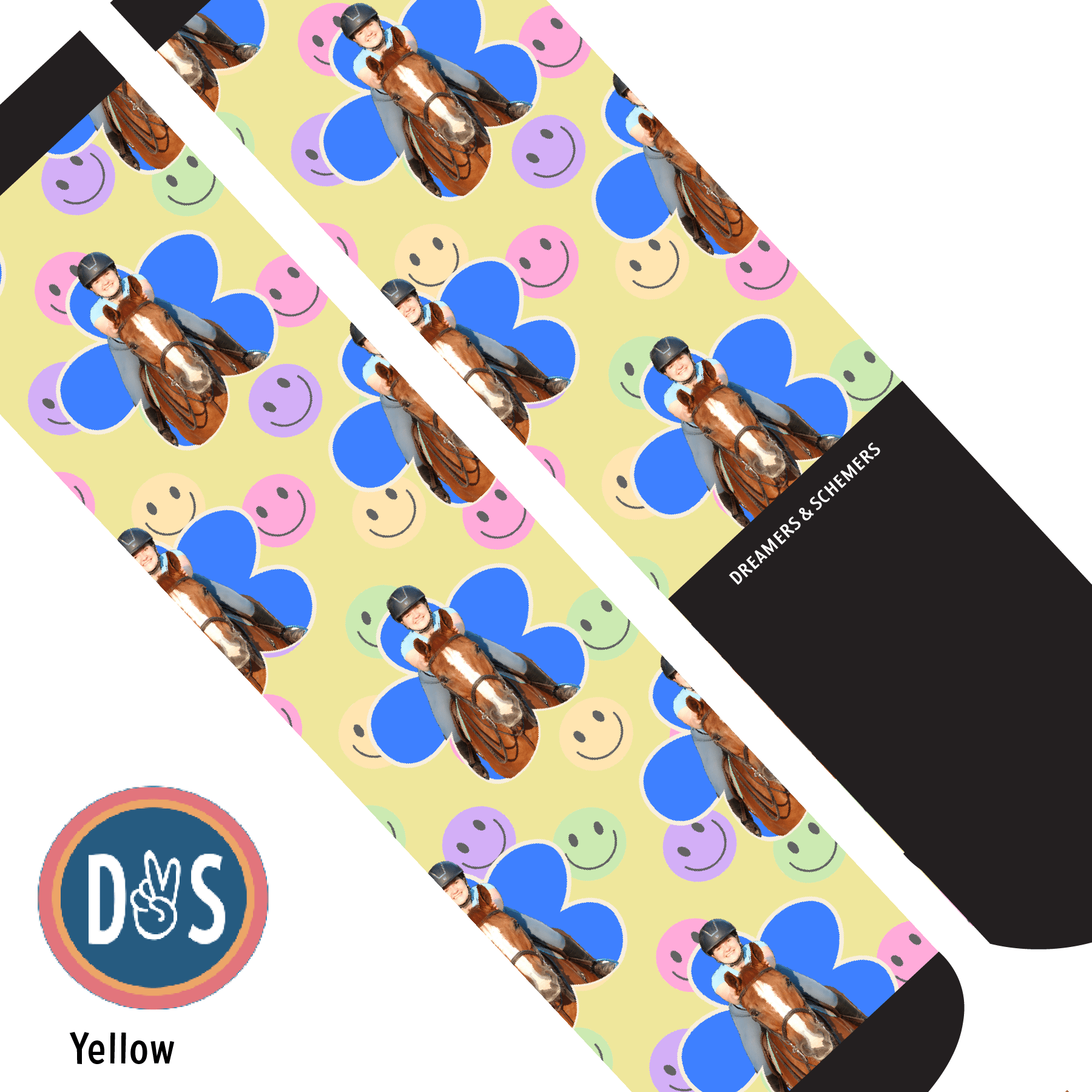 Custom AL Custom Socks Adult / Yellow Custom Flower with Smiley Vibes Socks 1 Photo equestrian boot socks boot socks thin socks riding socks pattern socks tall socks funny socks knee high socks horse socks horse show socks