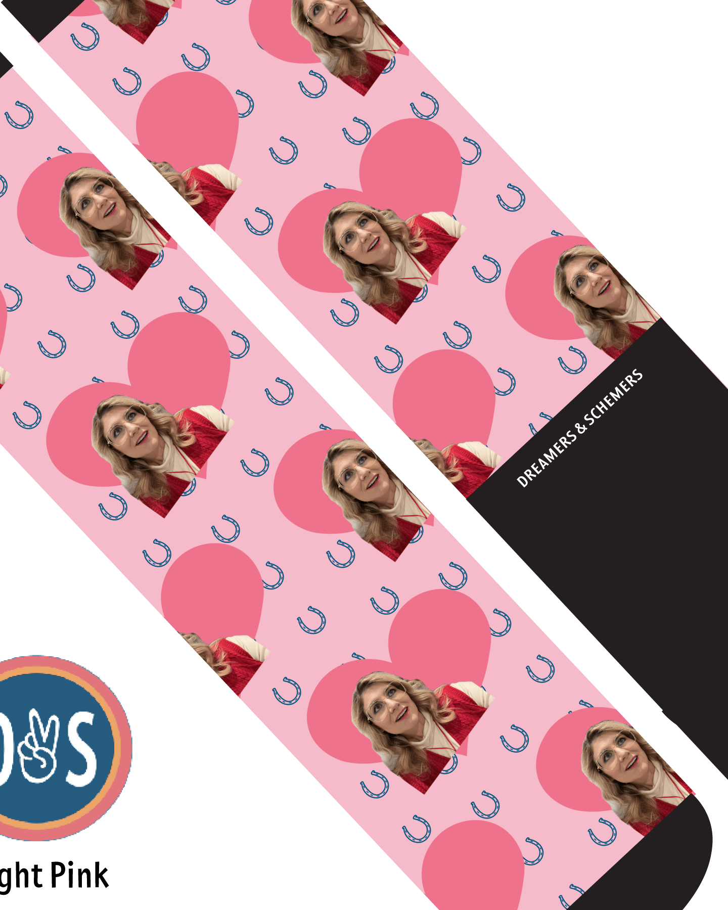 Custom AL Custom Socks Adult / Light Pink Custom Heart with Blue Horseshoes Socks 1 Photo equestrian boot socks boot socks thin socks riding socks pattern socks tall socks funny socks knee high socks horse socks horse show socks