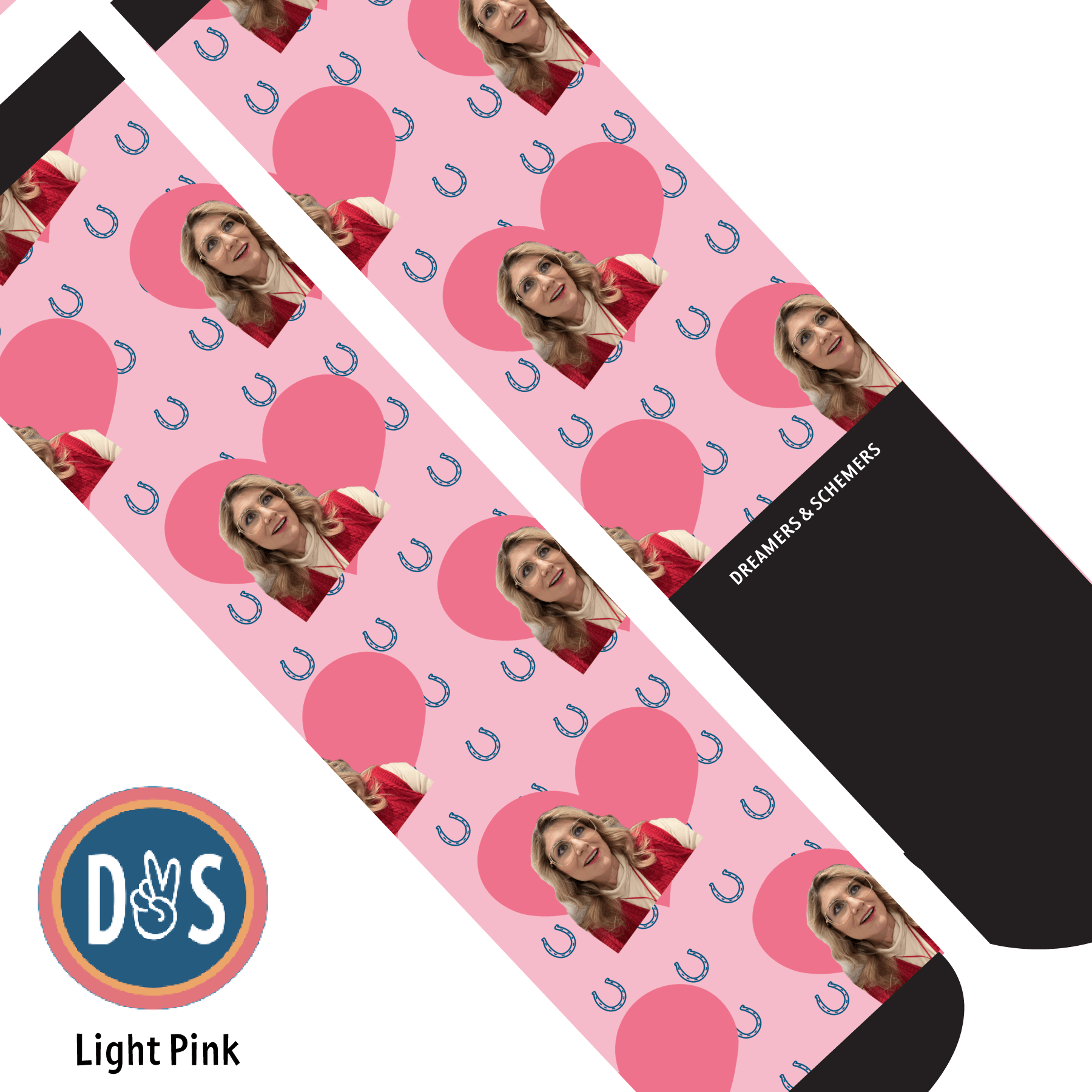 Custom AL Custom Socks Adult / Light Pink Custom Heart with Blue Horseshoes Socks 1 Photo equestrian boot socks boot socks thin socks riding socks pattern socks tall socks funny socks knee high socks horse socks horse show socks